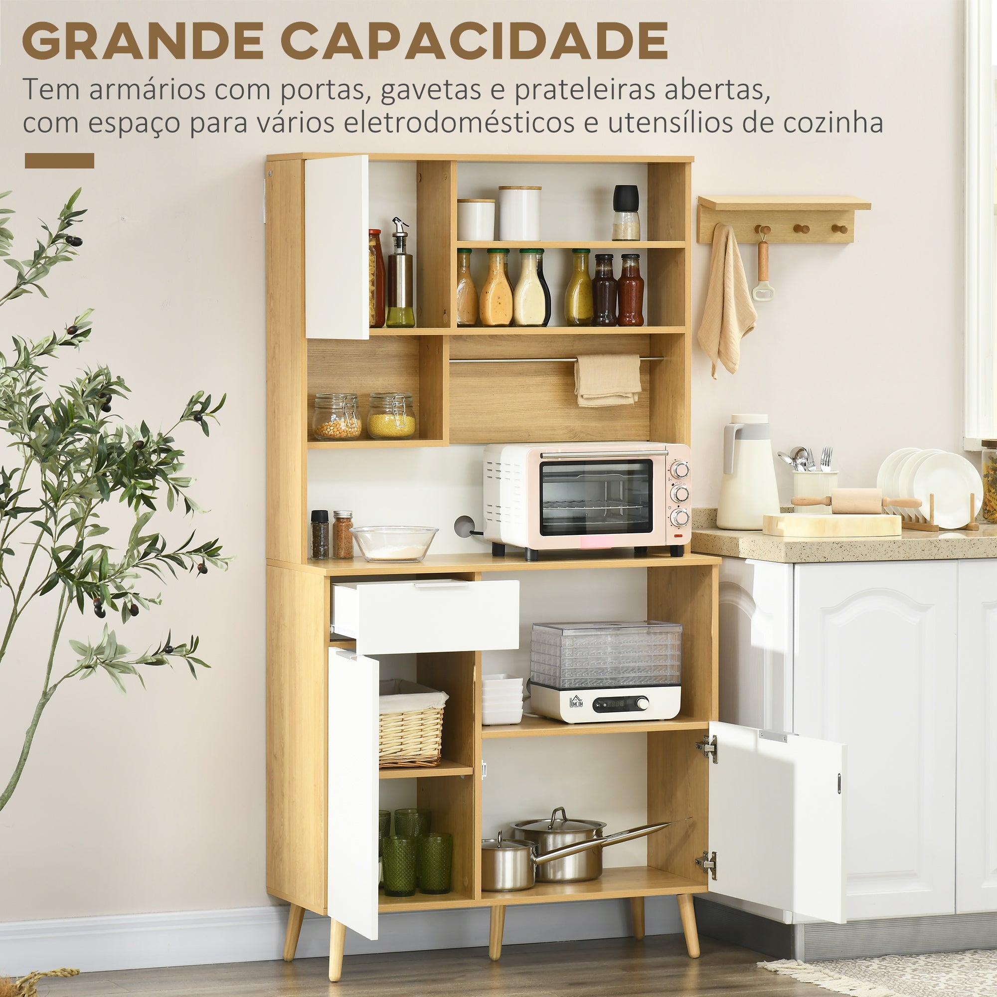 Armário de Cozinha Móvel Auxiliar – 93x40x180 cm – Madeira e Branco – Melamina e Madeira