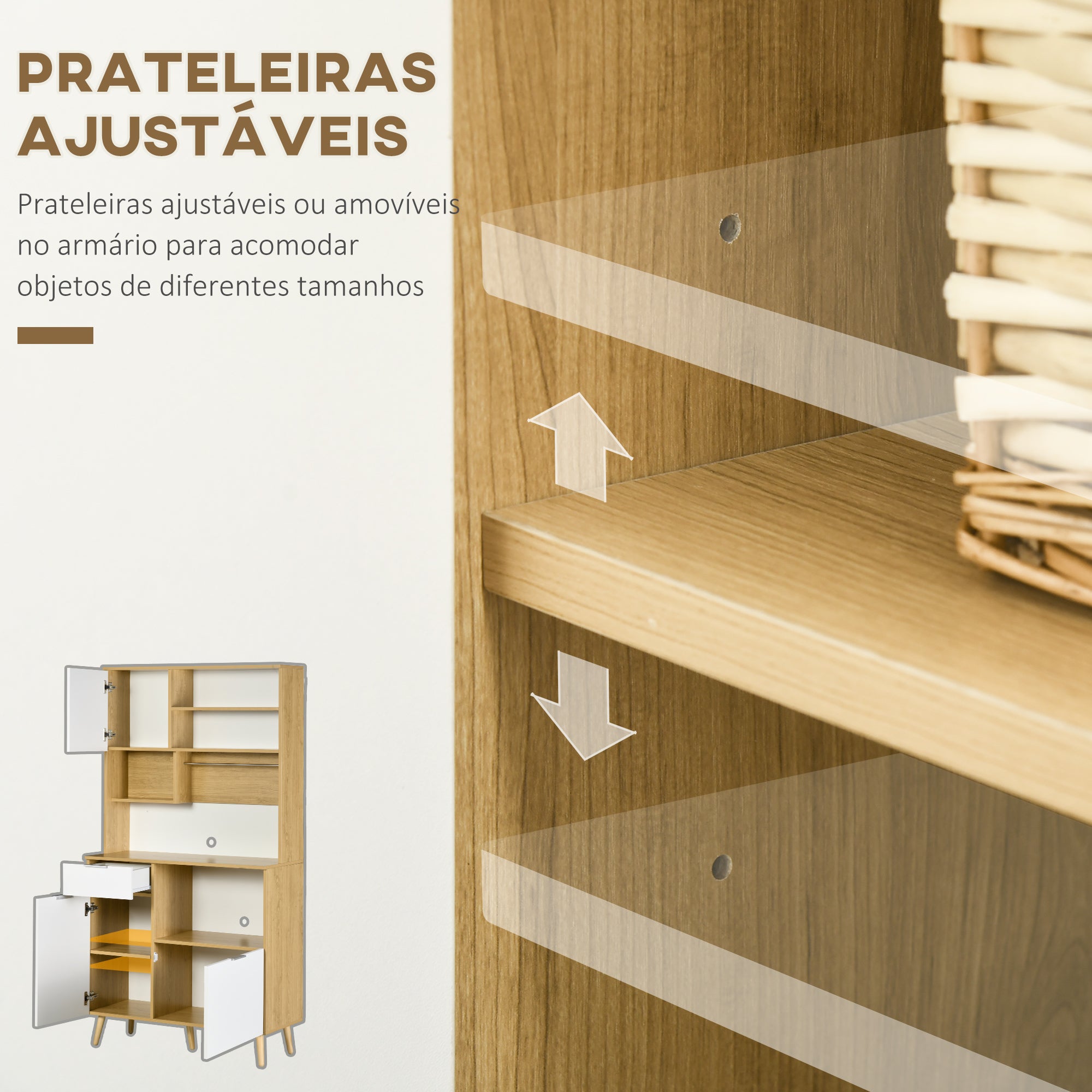 Armário de Cozinha Móvel Auxiliar – 93x40x180 cm – Madeira e Branco – Melamina e Madeira