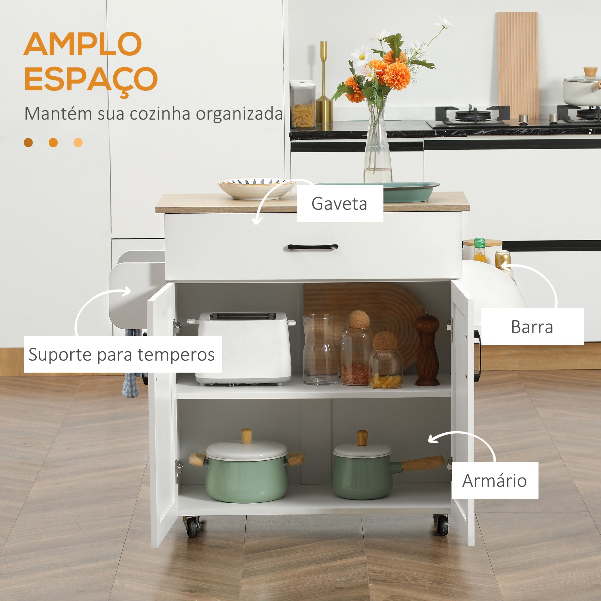 Carrinho de Cozinha 105x36x85cm Branco