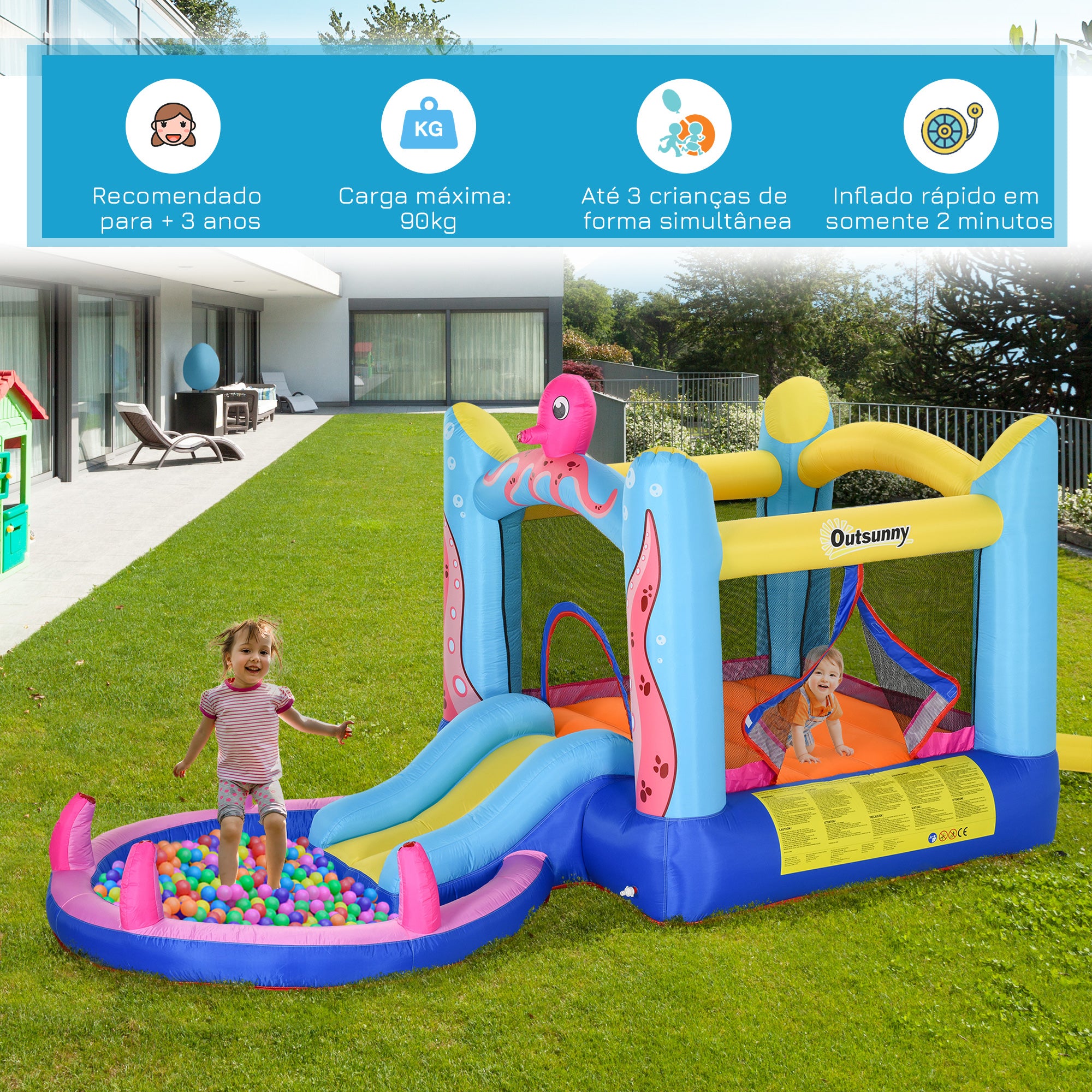Castelo Insuflável com Escorrega e Piscina 360x175x180cm Multicor