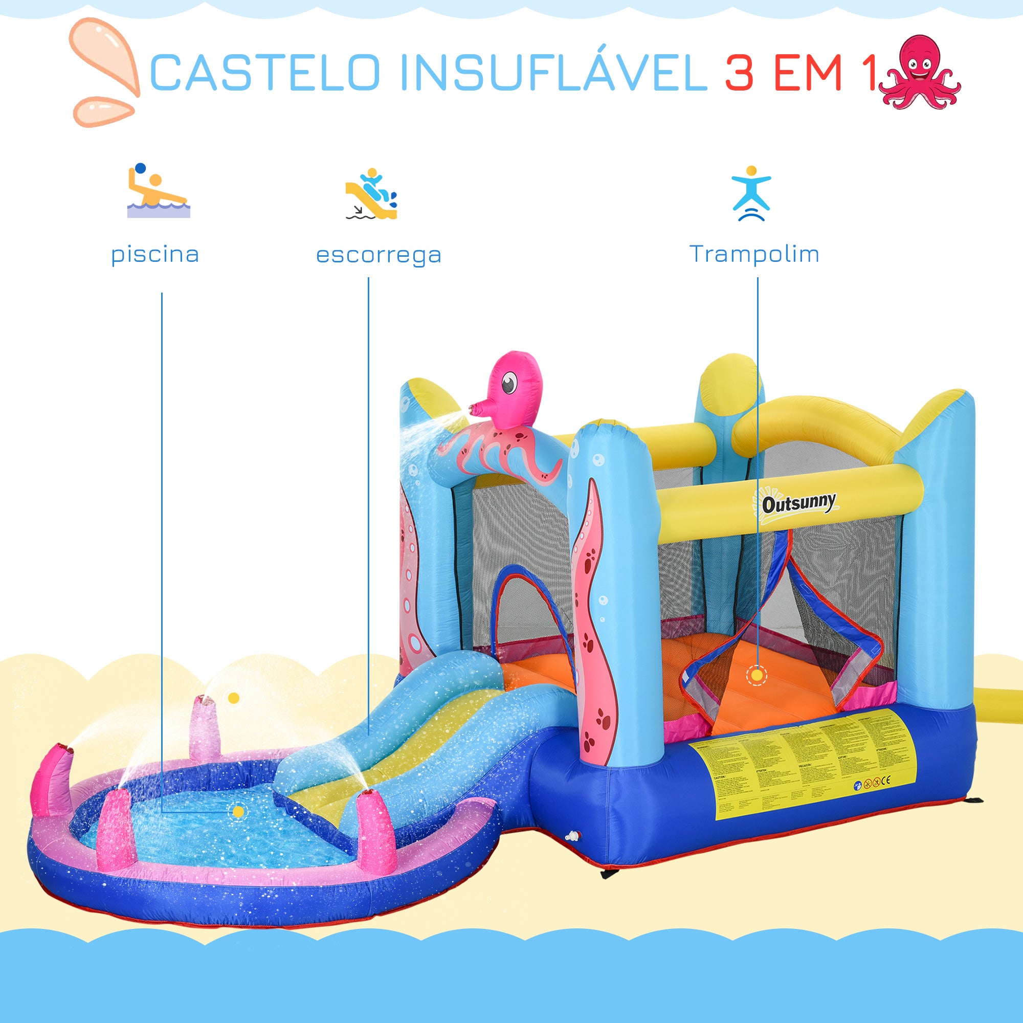 Castelo Insuflável com Escorrega e Piscina 360x175x180cm Multicor