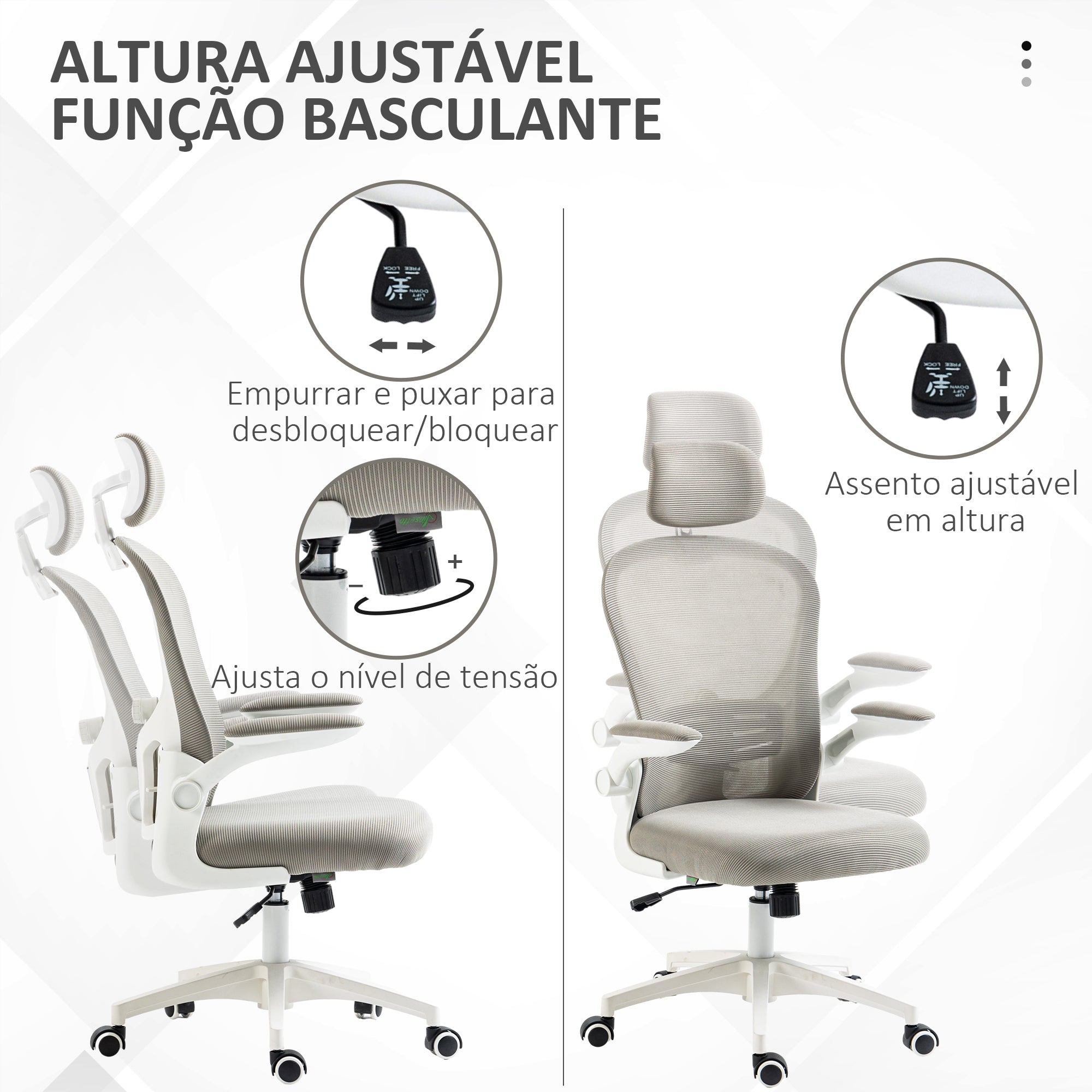 Cadeira de Escritório – 62x64x112-120 cm – Cinza – Malha (Poliéster), PP, espuma e nylon