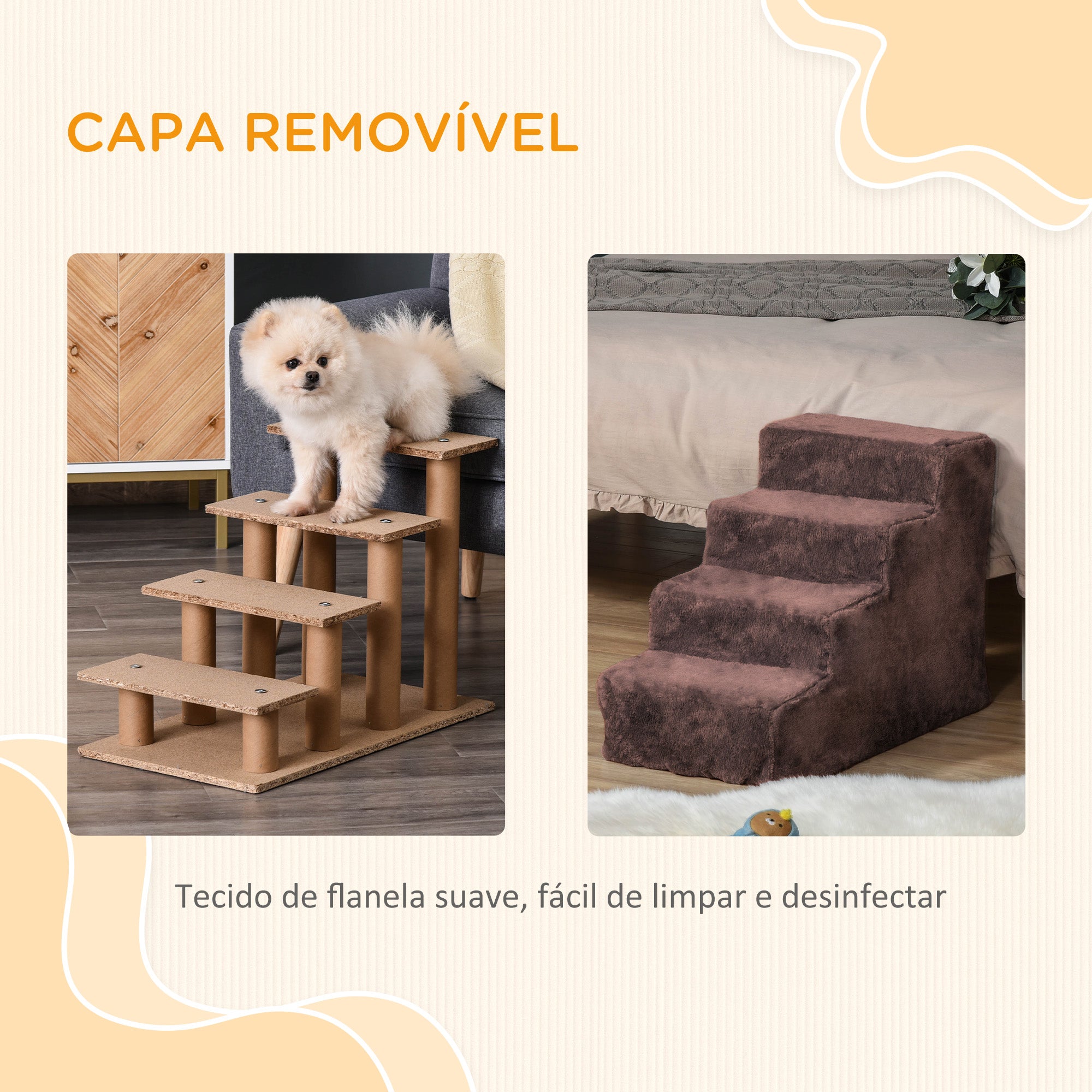 Escada para Animais de Estimação – 60x35x44 cm – Marrom – Aglomerado de madeira e pelúcia