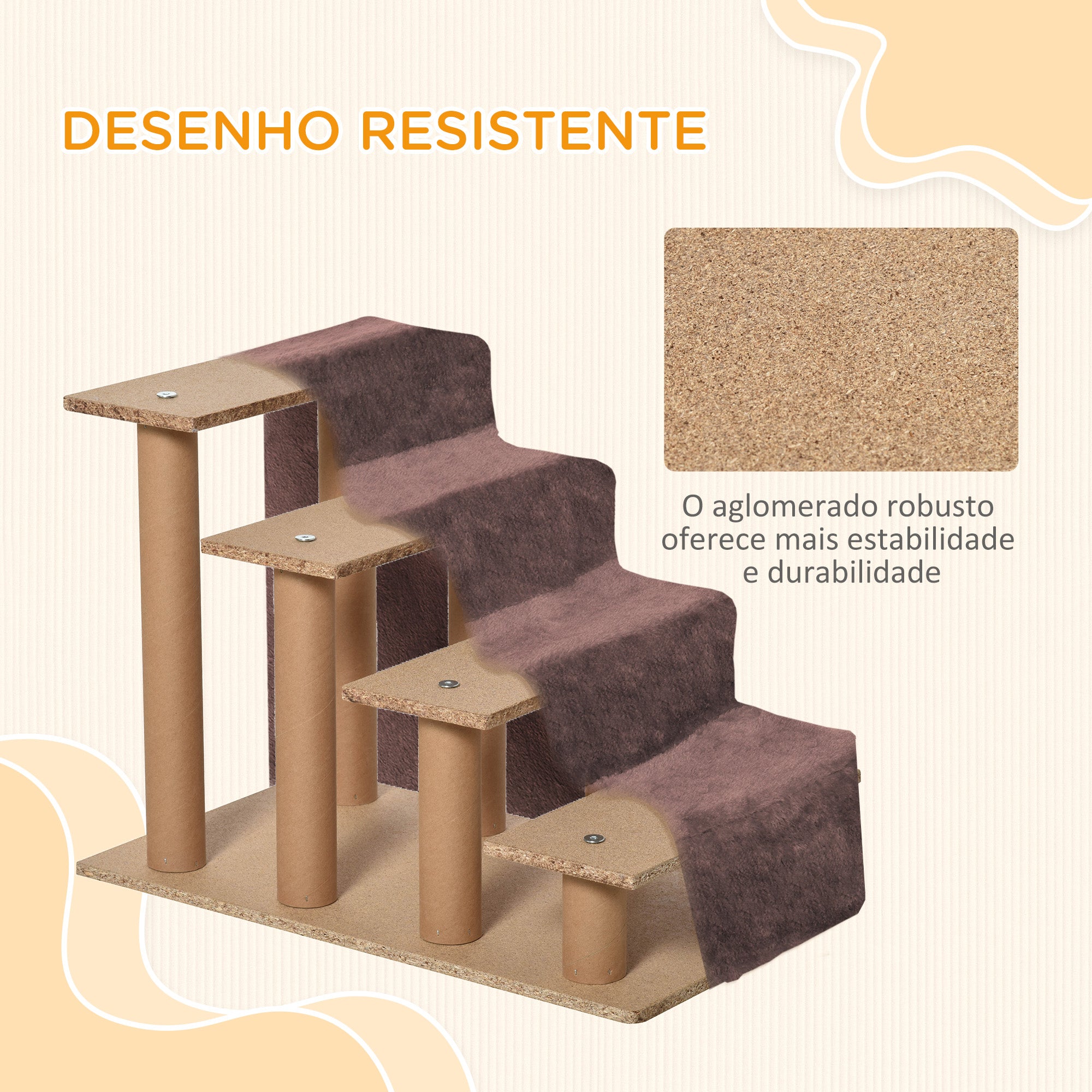 Escada para Animais de Estimação – 60x35x44 cm – Marrom – Aglomerado de madeira e pelúcia