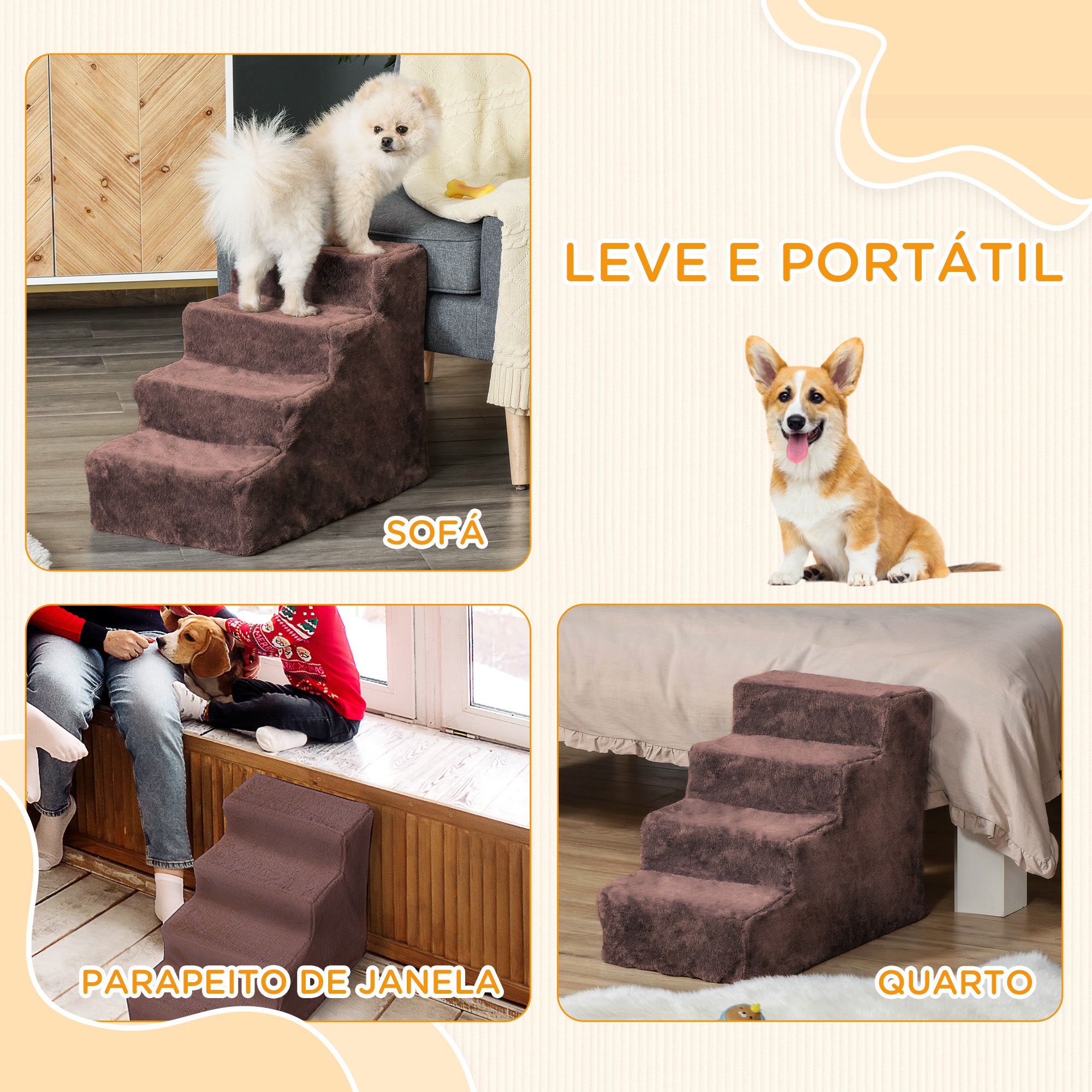 Escada para Animais de Estimação – 60x35x44 cm – Marrom – Aglomerado de madeira e pelúcia