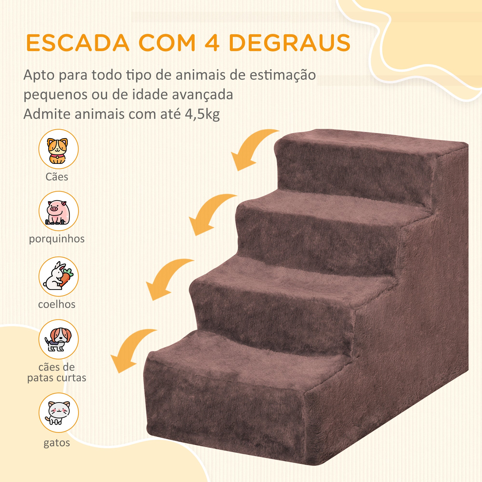 Escada para Animais de Estimação – 60x35x44 cm – Marrom – Aglomerado de madeira e pelúcia