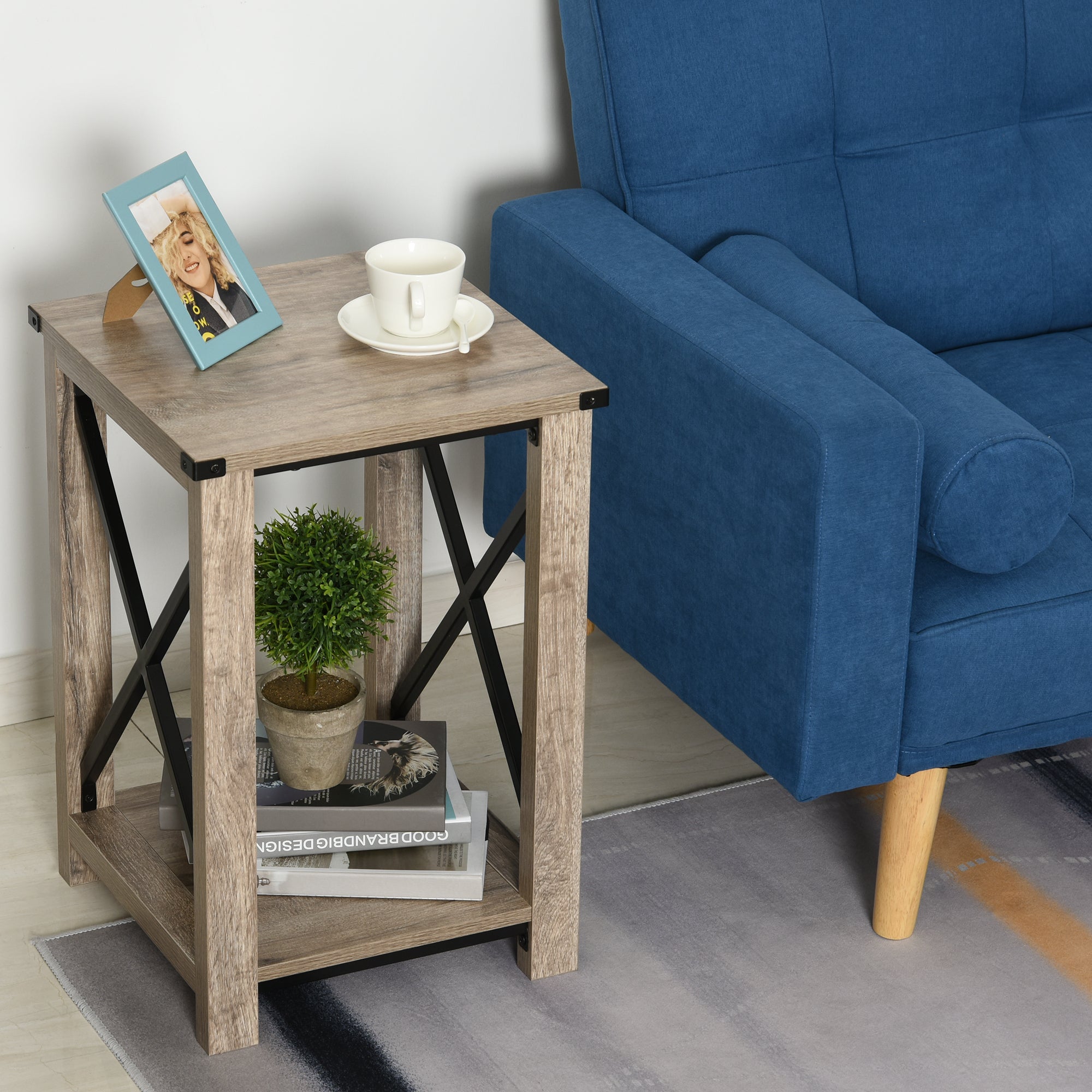 Mesa Lateral Colonial com Prateleira de Armazenamento - 40,5x40,5x60 cm - Grão de Carvalho