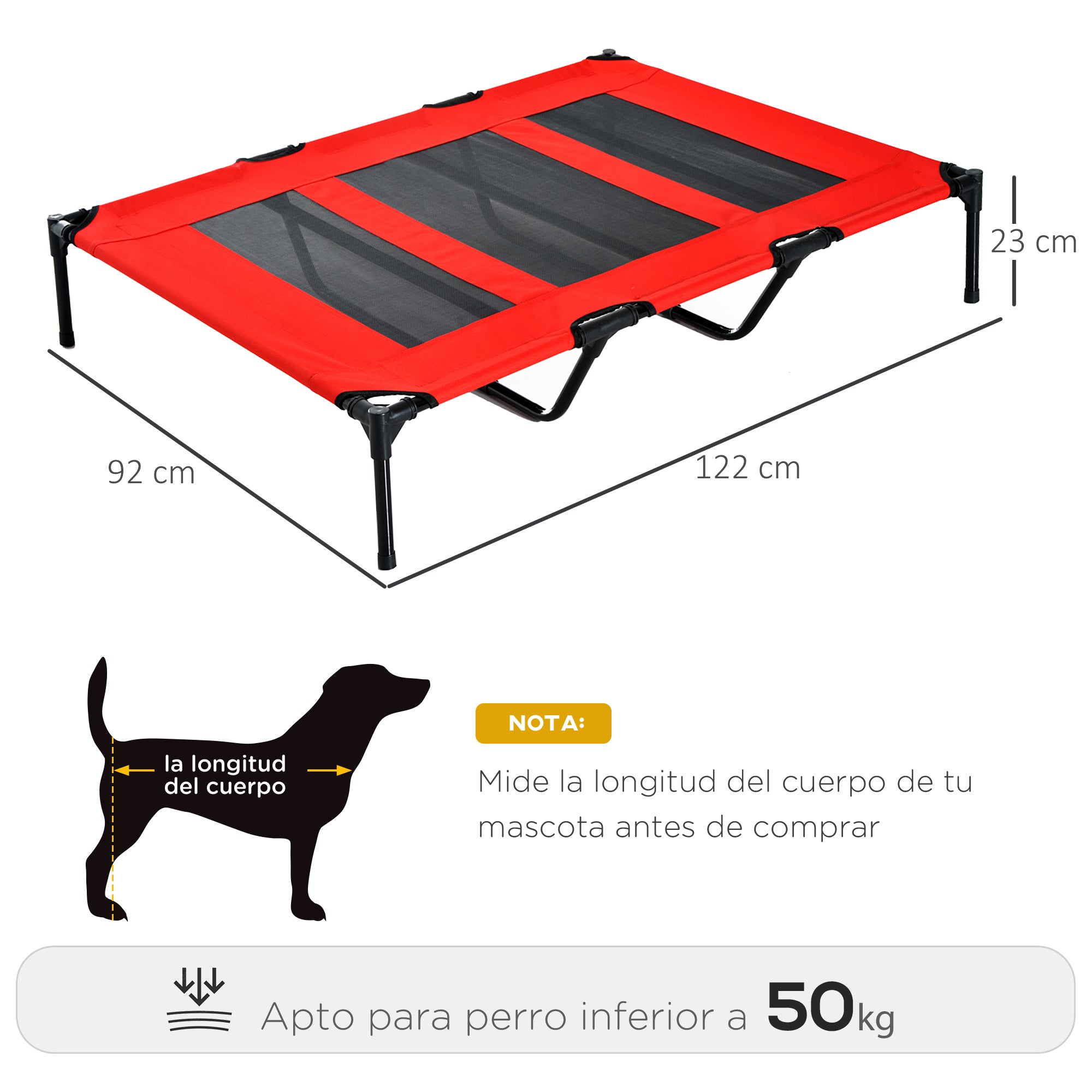 Cama Elevada para Animais de Estimação – 122x92x23 cm – Vermelha – Metal e Tecido Oxford