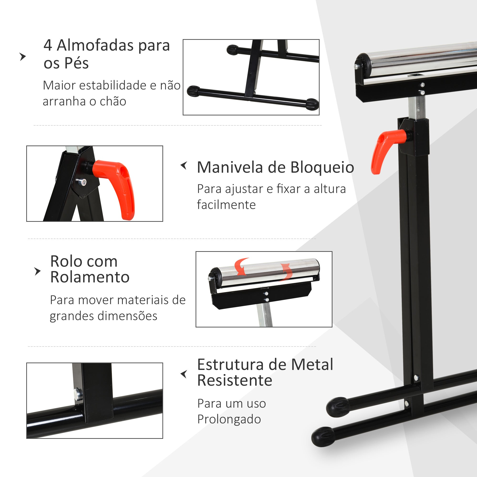 Suporte Telescópico Preto com Rolo Dobrável e Altura Ajustável 68-110cm
