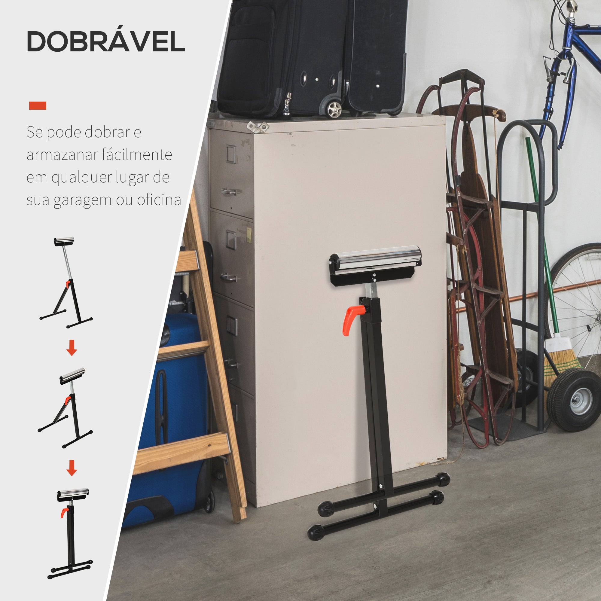Suporte Telescópico Preto com Rolo Dobrável e Altura Ajustável 68-110cm