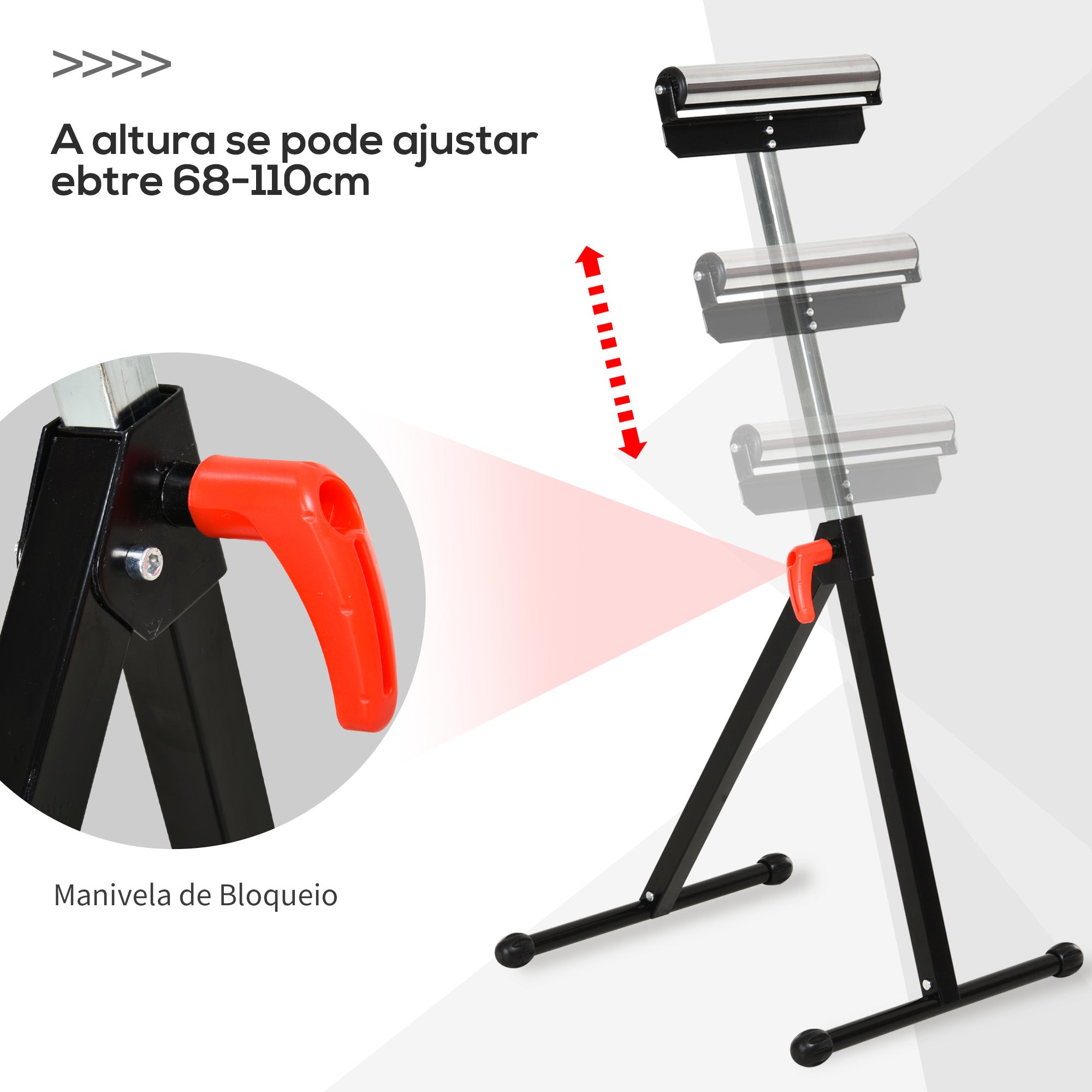 Suporte Telescópico Preto com Rolo Dobrável e Altura Ajustável 68-110cm