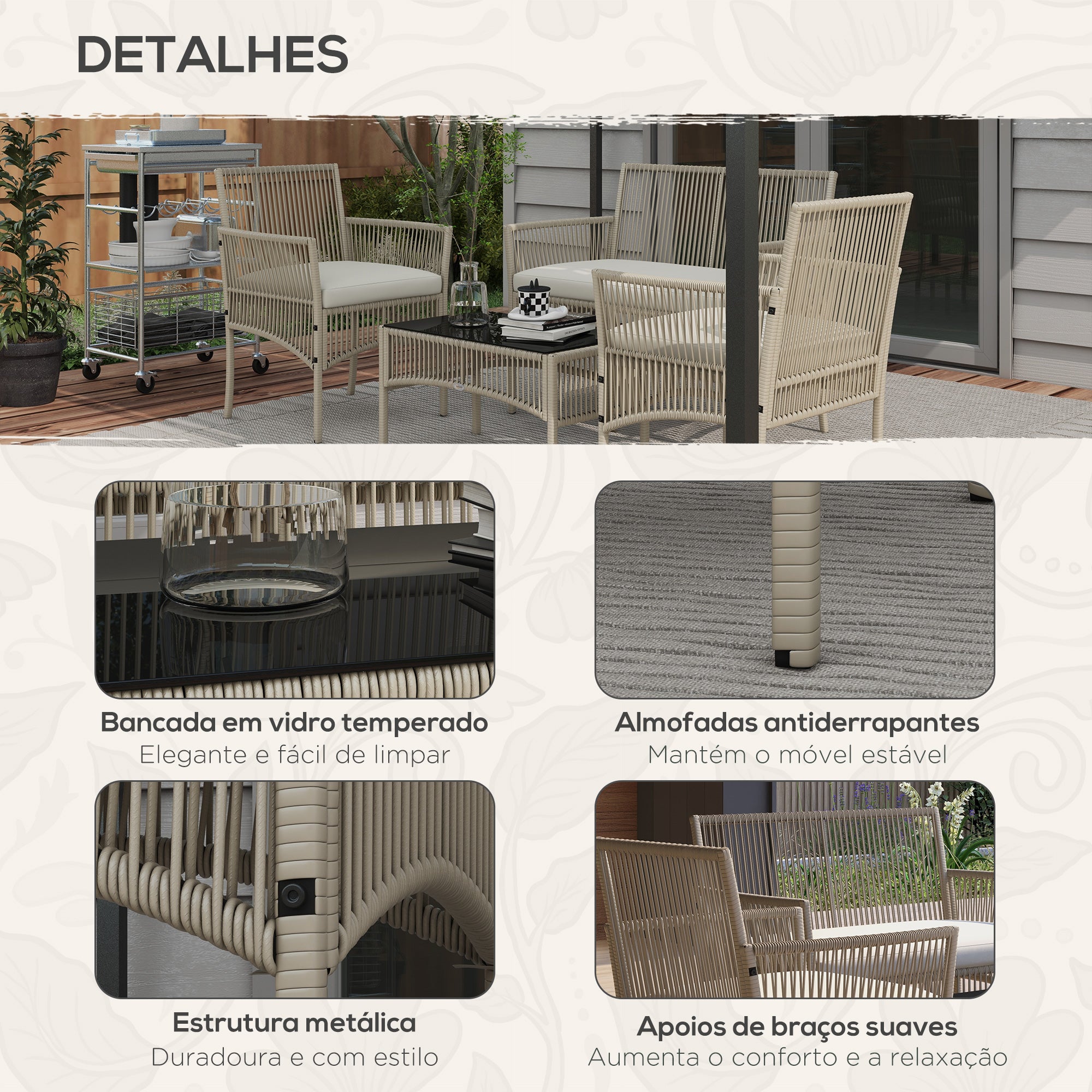 Conjunto de Móveis de Jardim de Vime – 100x56x80 cm – Cor Cáqui – Aço, Vime PE, Poliéster e Espuma