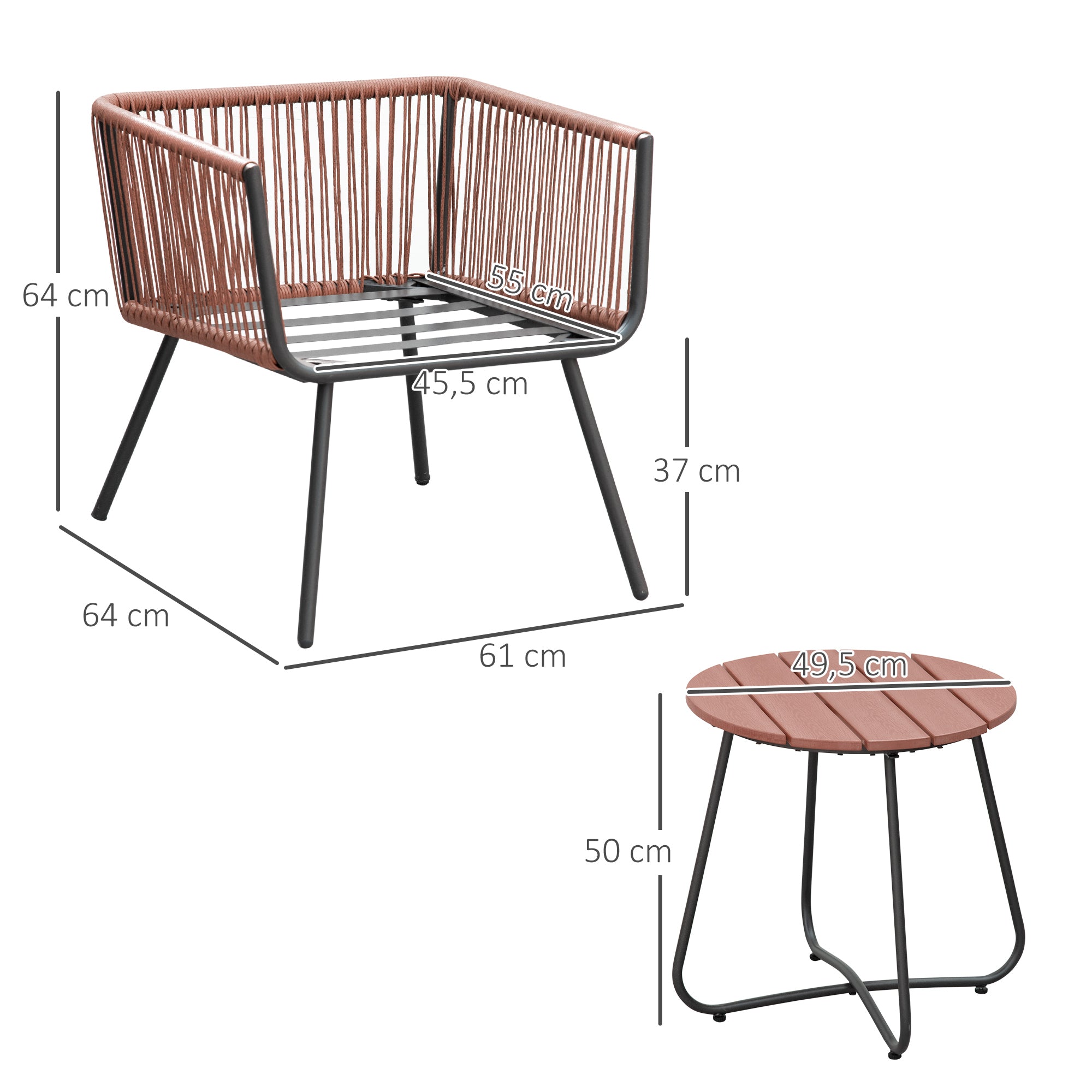 Conjunto de Móveis de Jardim Vime 3 Peças Cinza 61x64x64 cm
