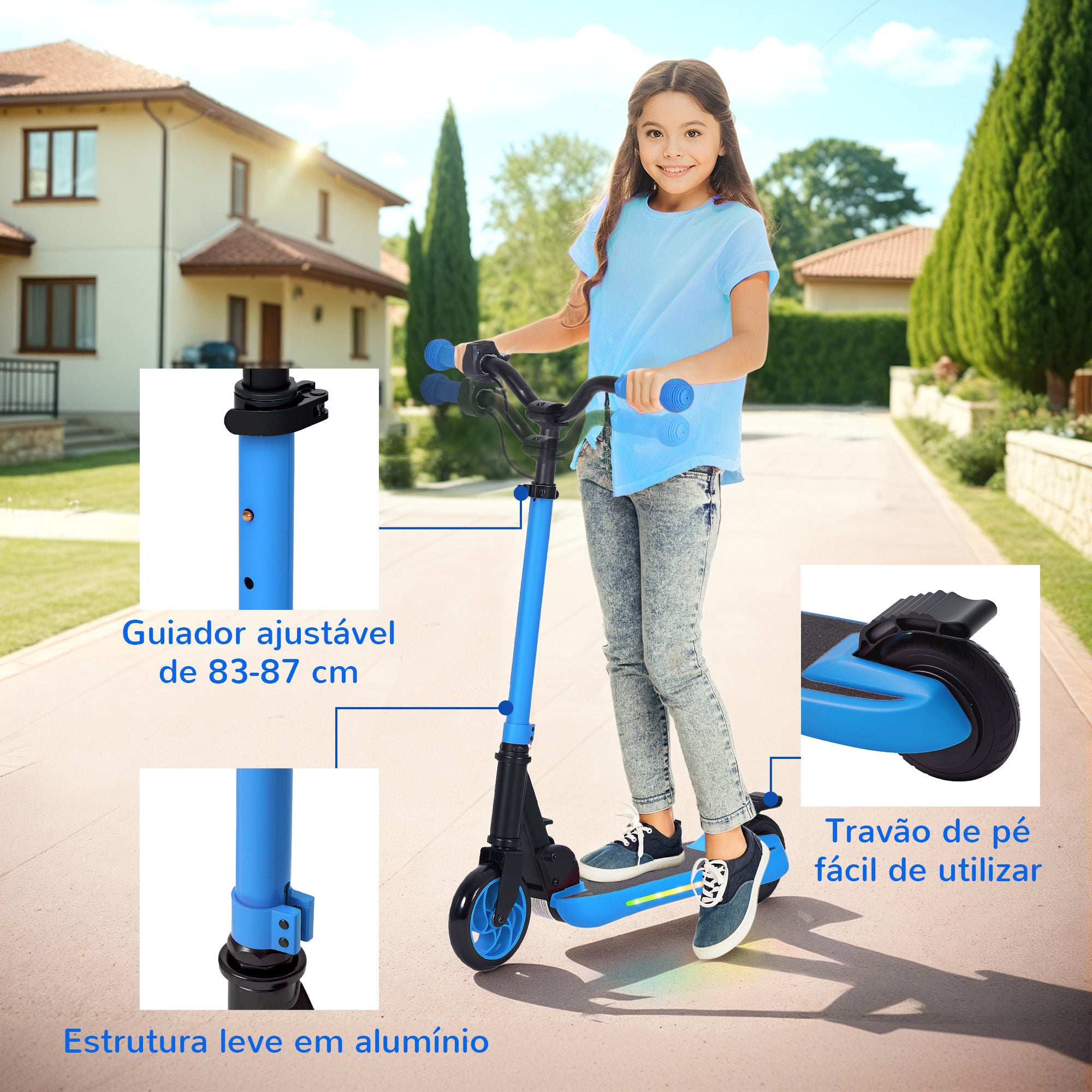 Trotinete Elétrica Infantil Dobrável 74x52x83-87 cm – Azul – Alumínio e nylon