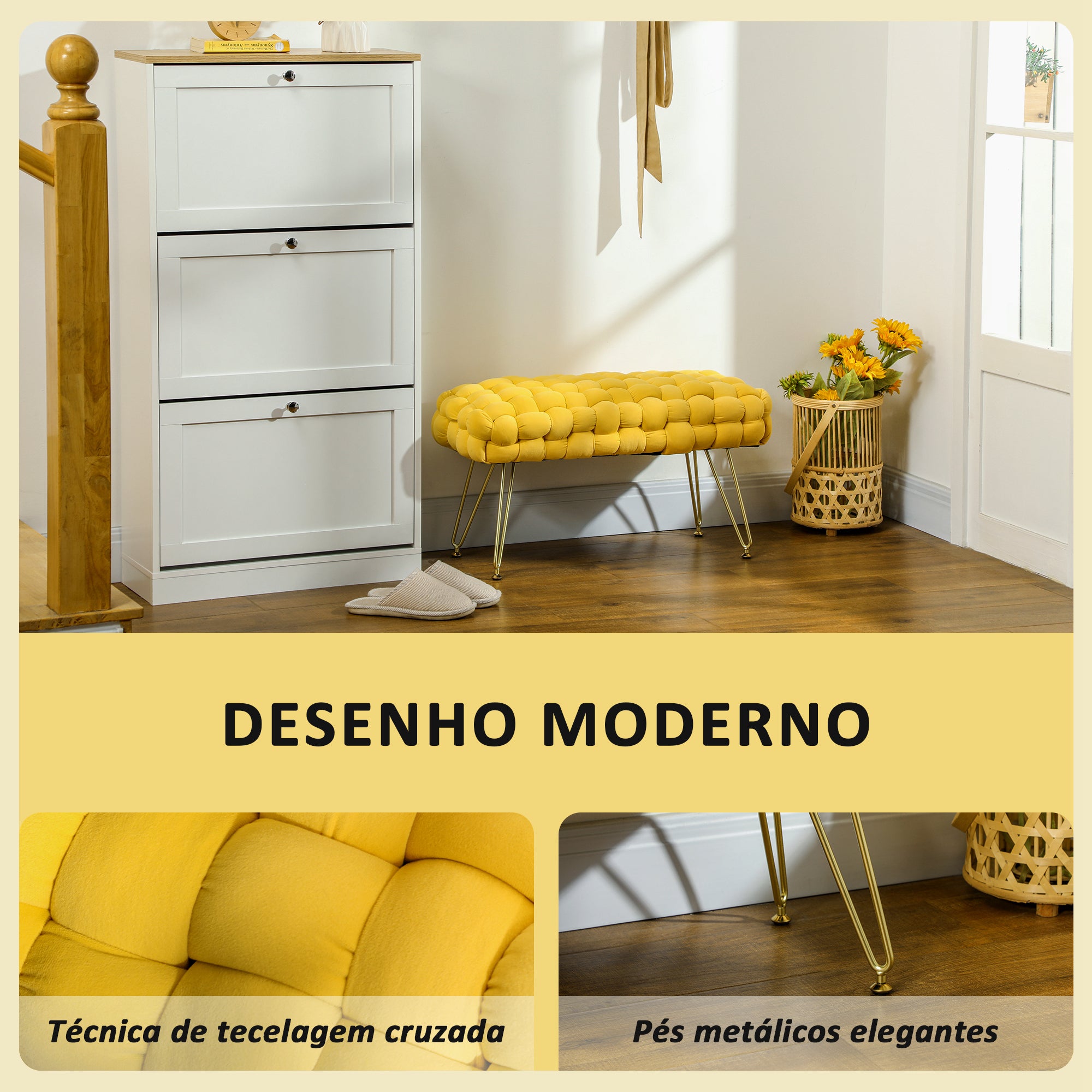 Apoio para Pés – 76x38x41,5 cm – Amarelo – Veludo