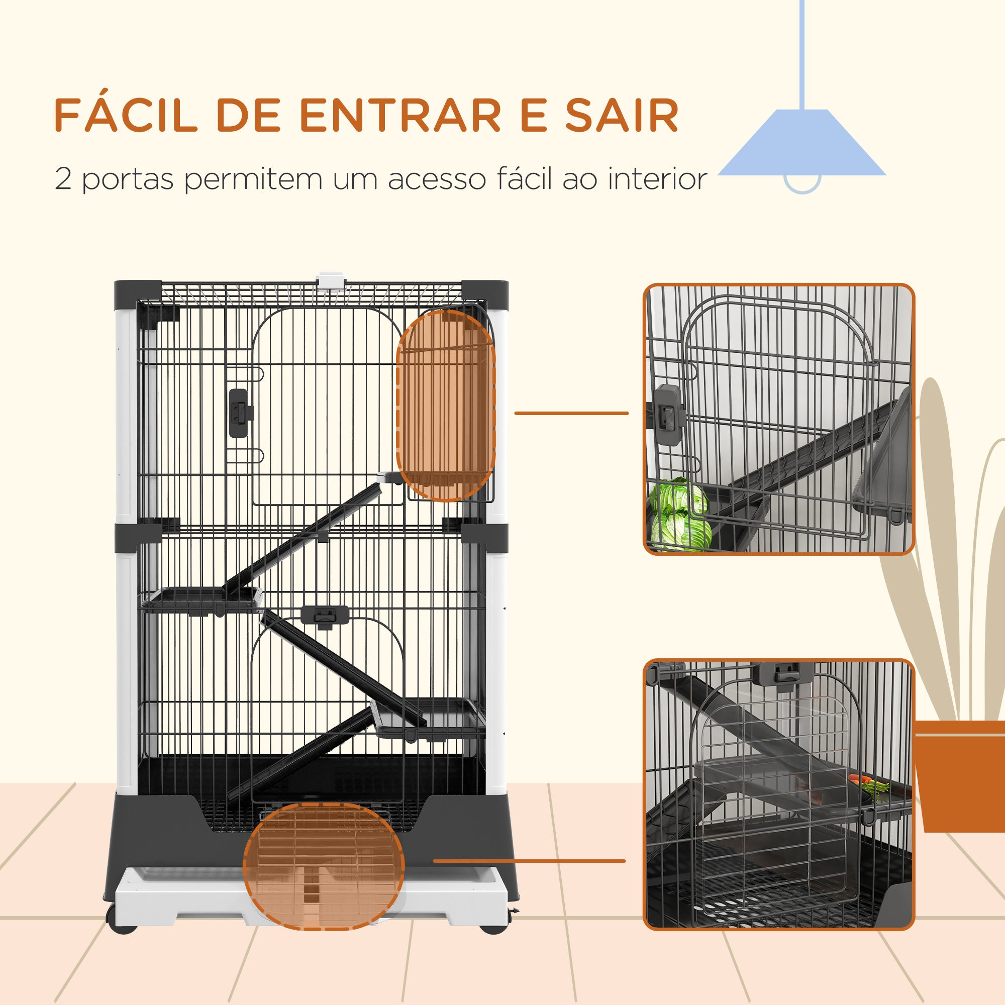 Gaiola para Animais Pequenos – 75x50x114 cm – Cor Preto – Aço, ABS e PP