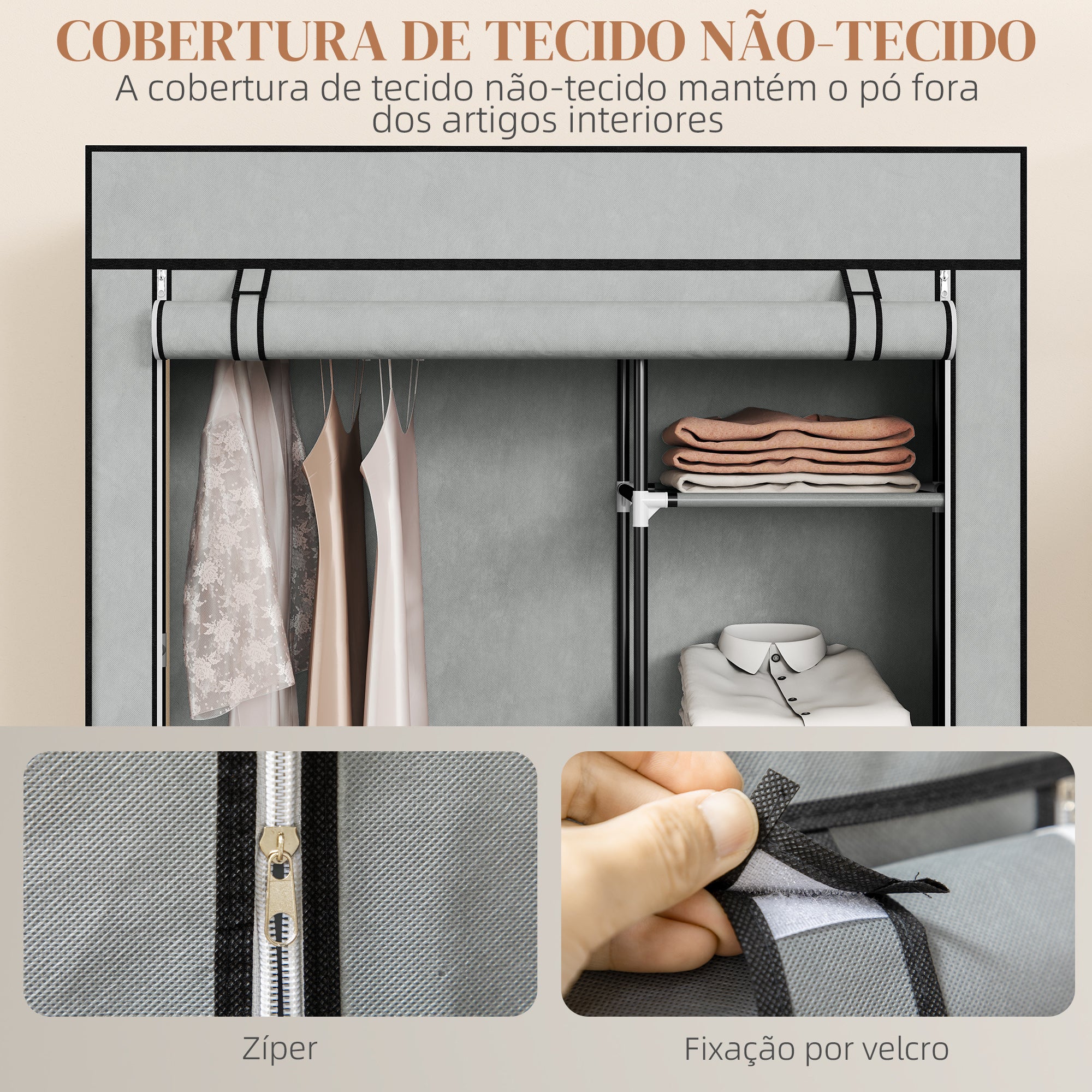 Roupeiro de Tecido Dobrável com 6 Prateleiras e 1 Barra de Pendurar - 103x43x162,5cm - Cinza Claro