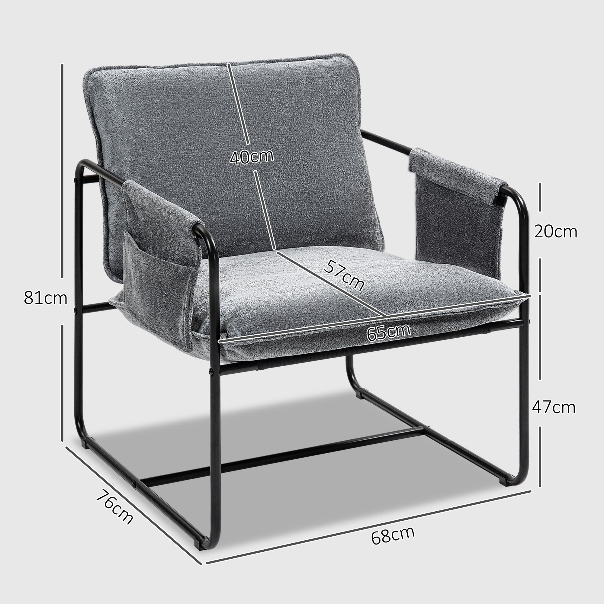 Poltrona de Sala de Estar – 68x76x81 cm – Cinza – Chenila