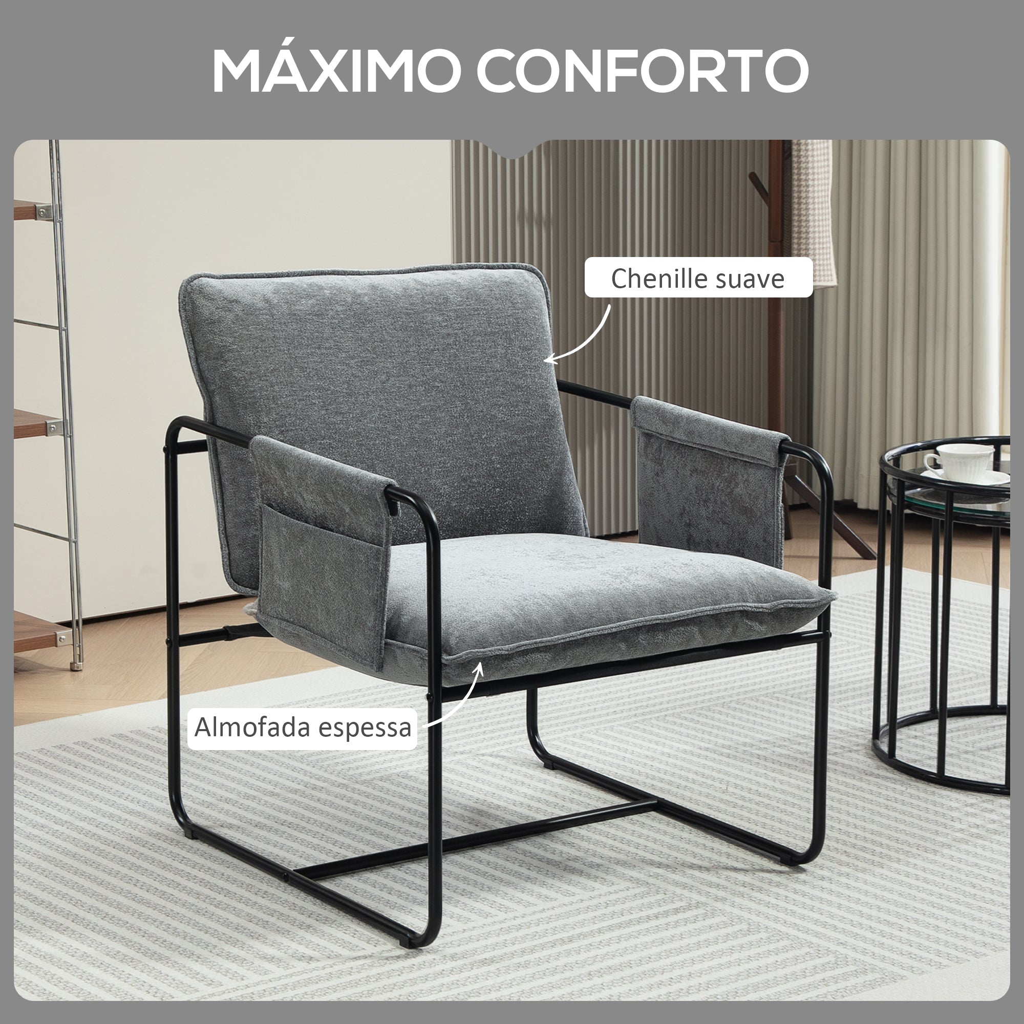 Poltrona de Sala de Estar – 68x76x81 cm – Cinza – Chenila