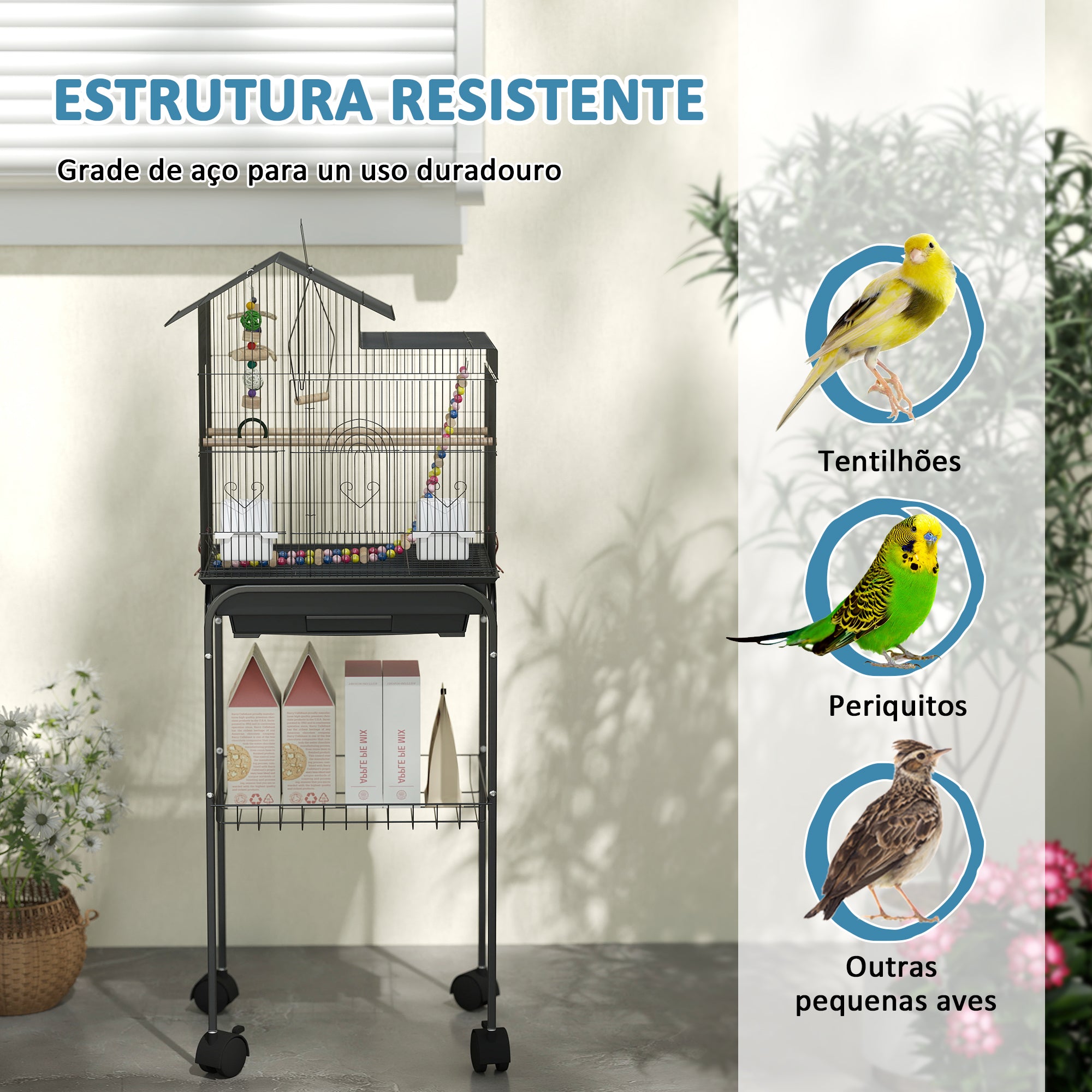 Gaiola de Metal para Pássaros com Acessórios - 46x36x120 cm - Preto