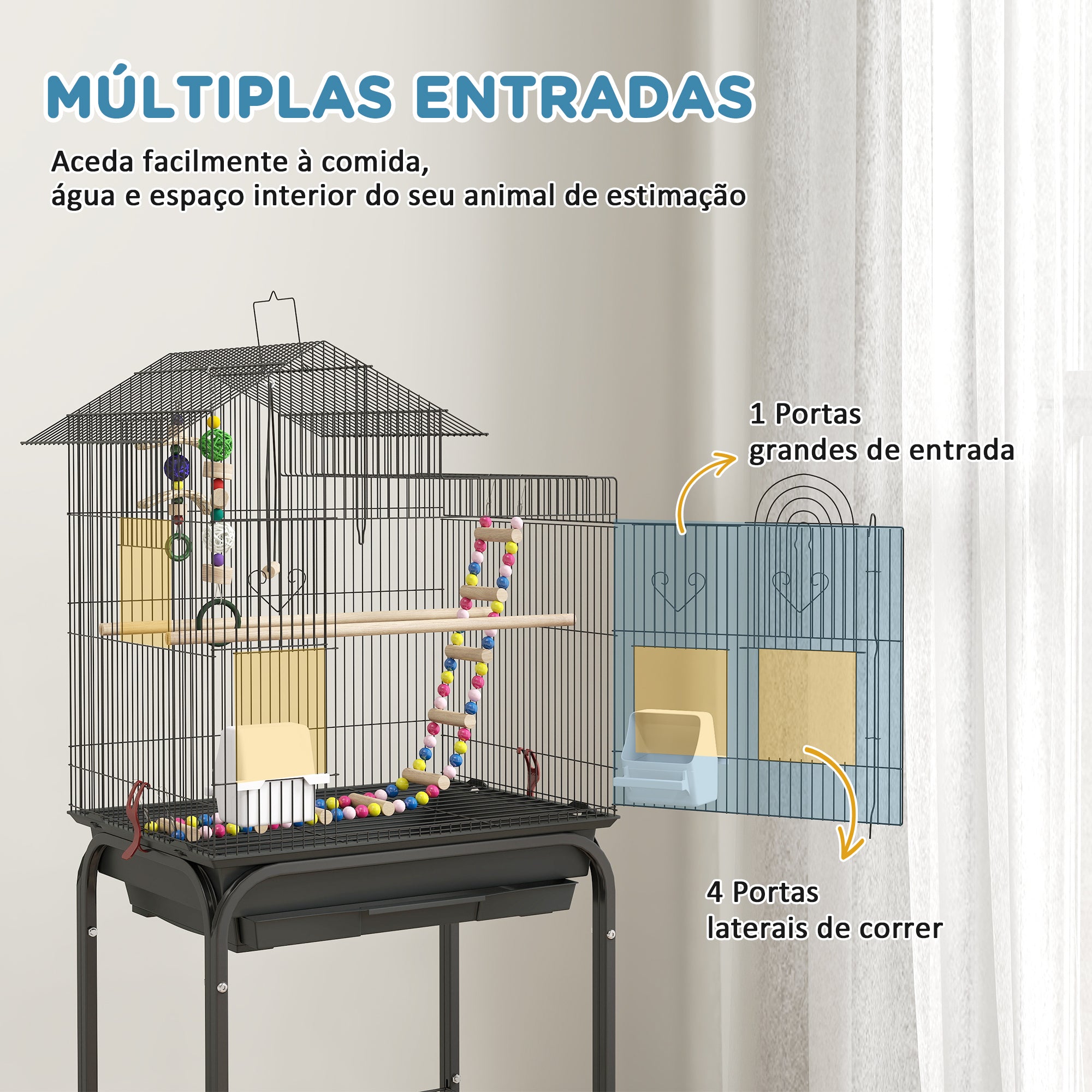 Gaiola de Metal para Pássaros com Acessórios - 46x36x120 cm - Preto