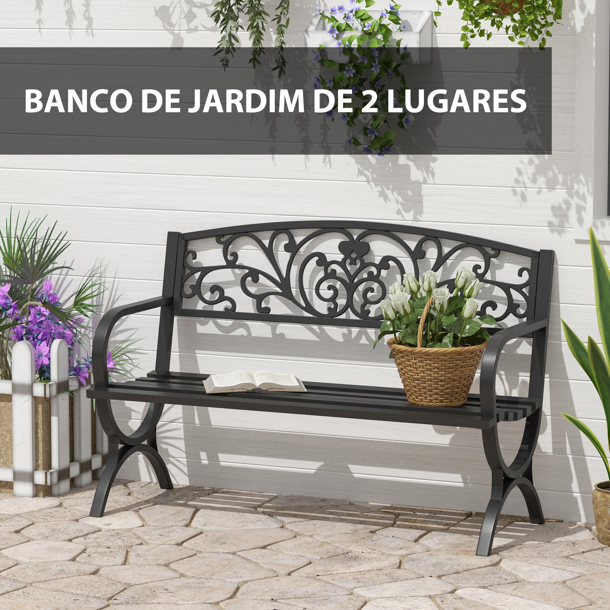 Banco de Jardim 2 Lugares Negro 127x60x85cm