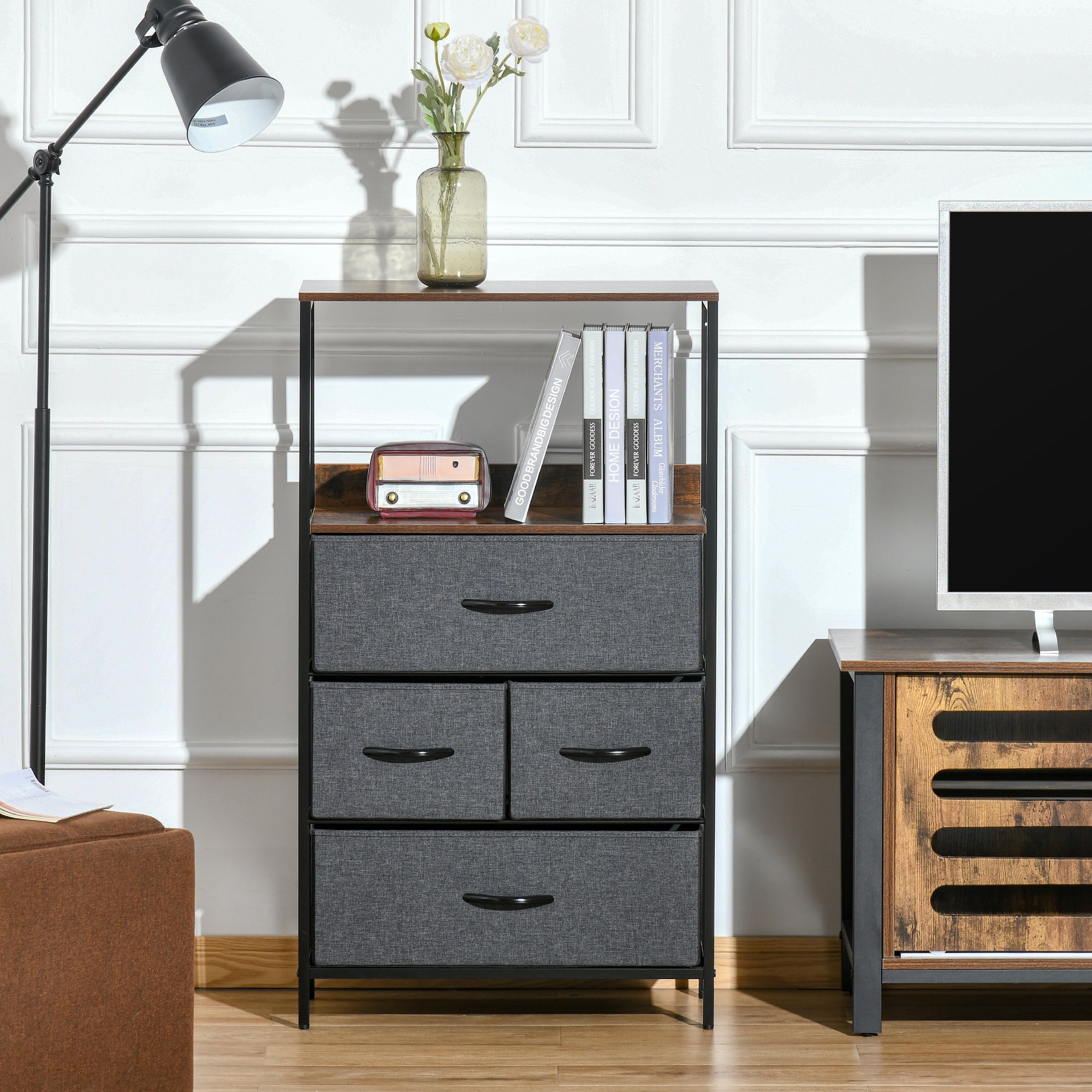 Cómoda Estilo Industrial com 4 Gavetas Dobráveis 58x29x103 cm - Marrom e Cinza