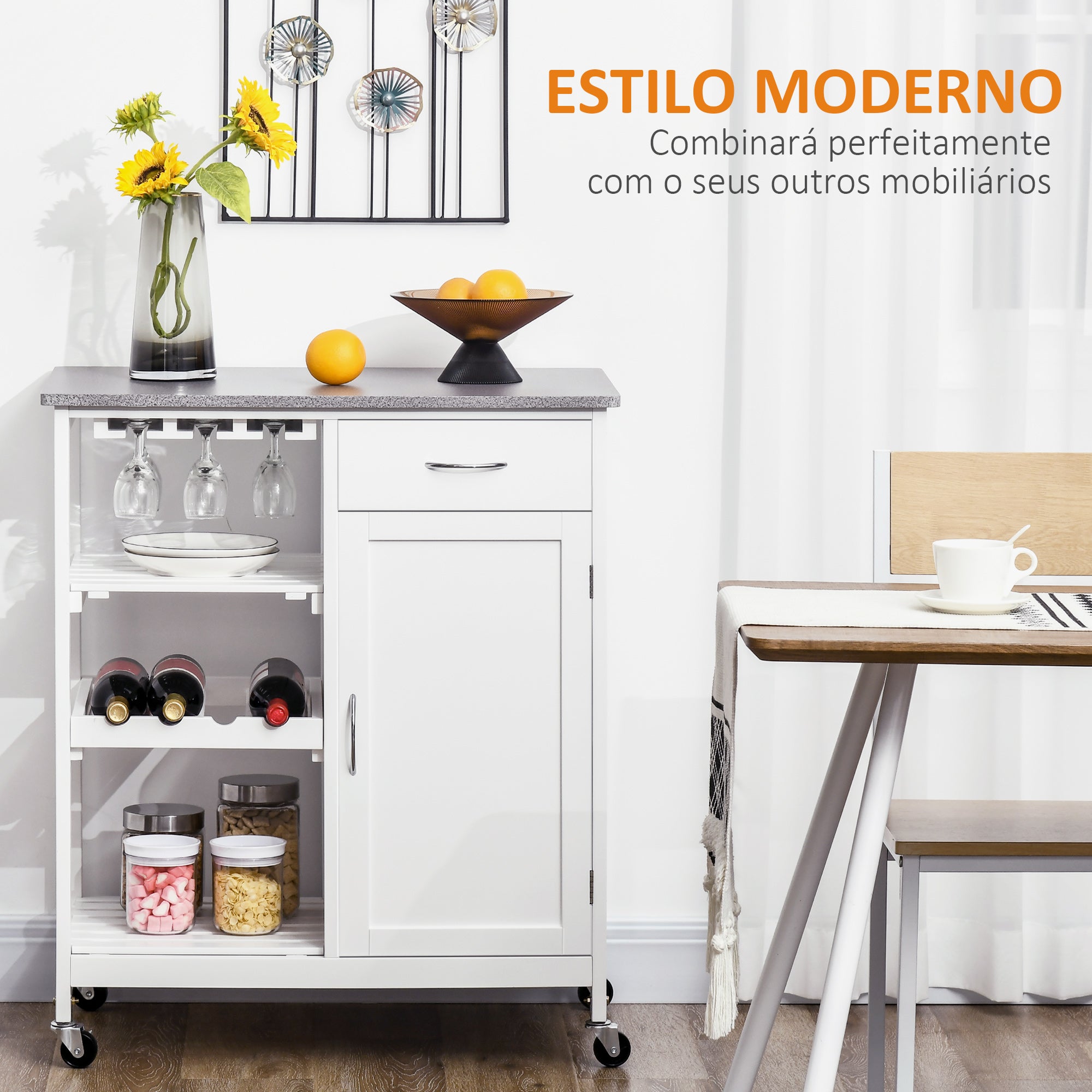 Carrinho de Cozinha com Rodas – 76x48x88cm – Branco – MDF