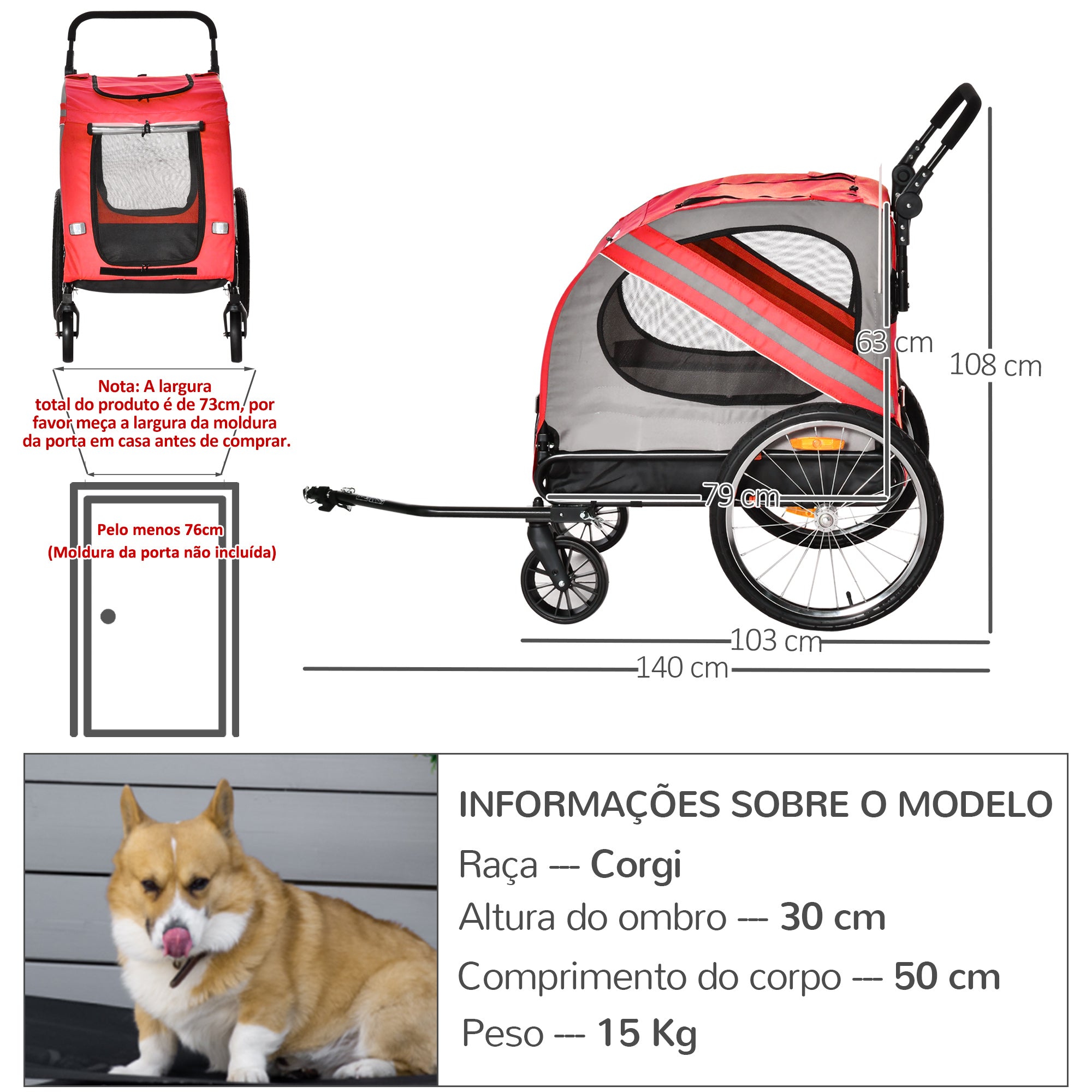 Reboque de Bicicleta para Cães 2 em 1 Vermelho 140x72,5x108 cm