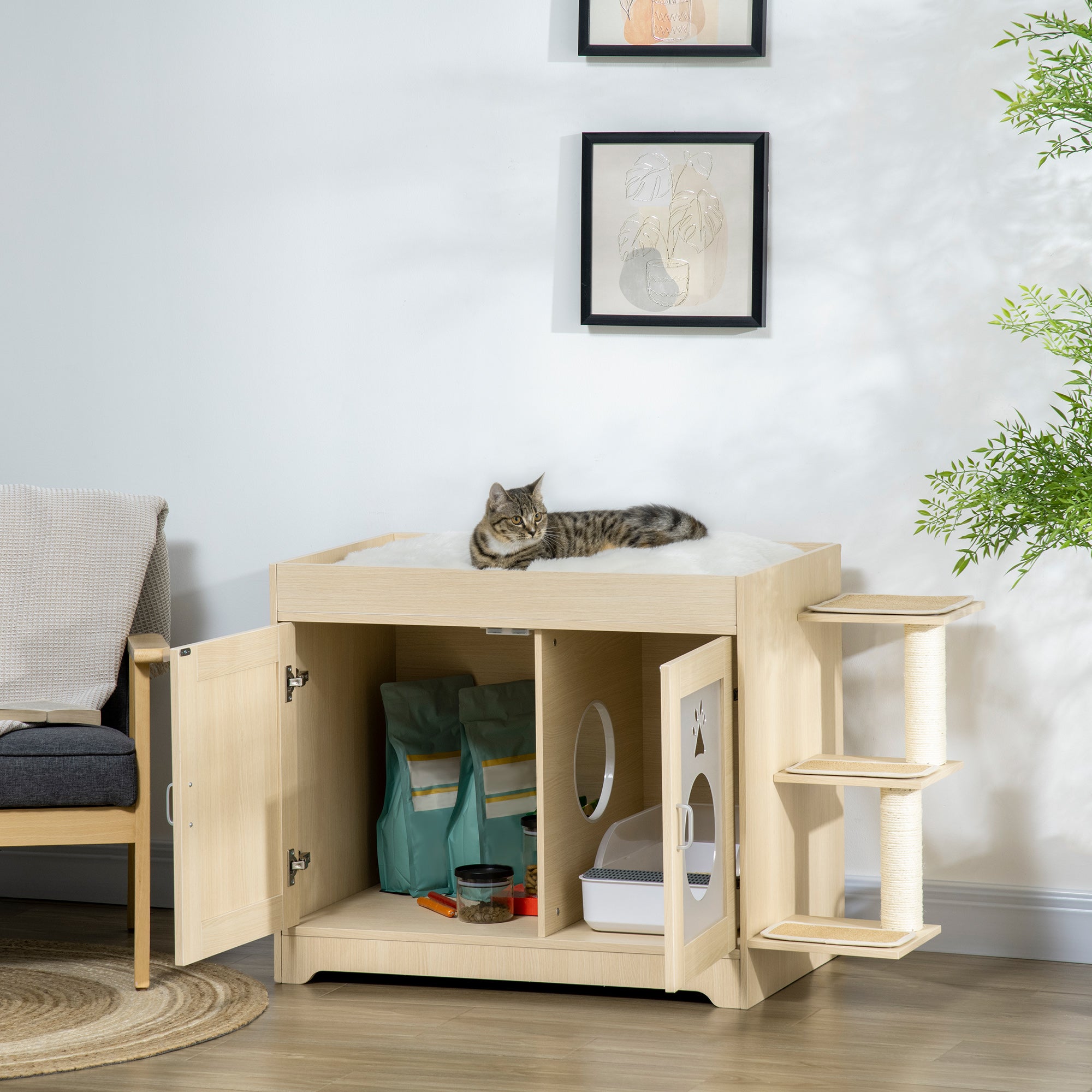 Caixa de Areia para Gatos de Madeira – 107x54x70cm – Cor de Carvalho