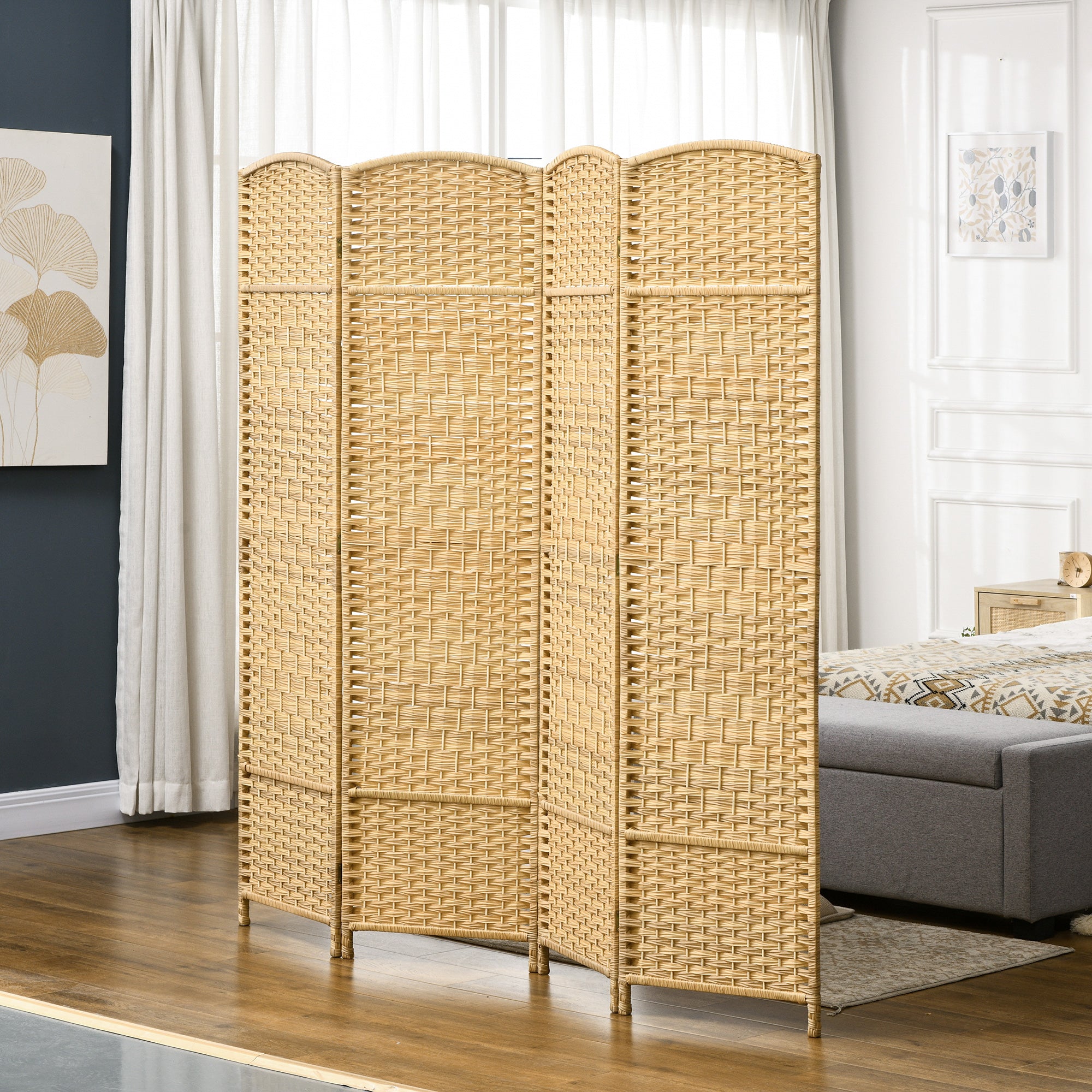 Biombo Dobrável de 4 Painéis – 180x180 cm – Cor de Madeira Natural – Madeira de Paulownia