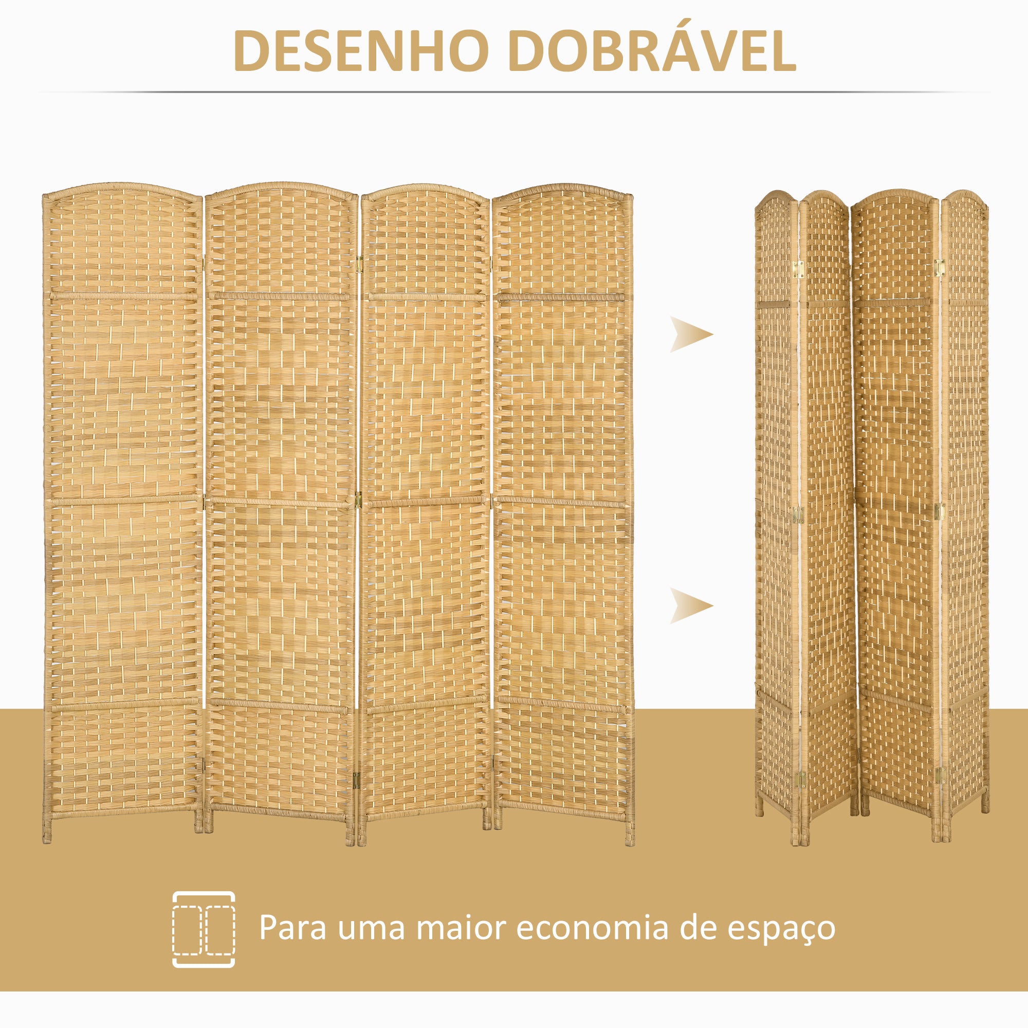 Biombo Dobrável de 4 Painéis – 180x180 cm – Cor de Madeira Natural – Madeira de Paulownia