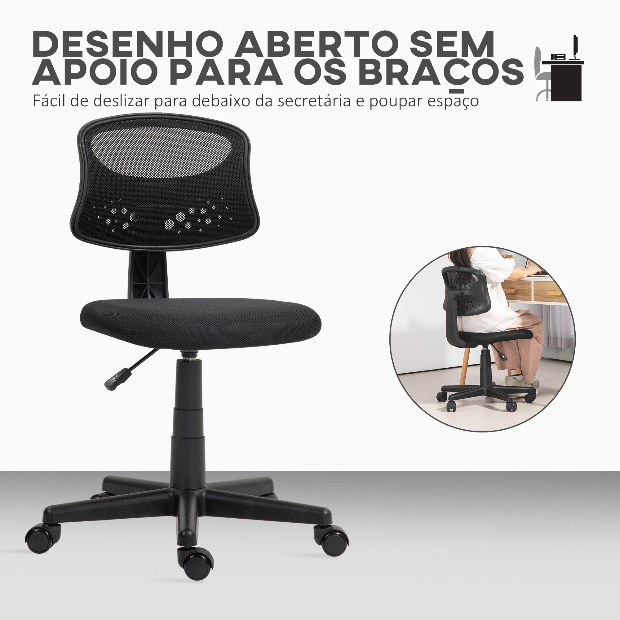 Cadeira de Escritório Sem Apoio para Braços Preto 43x48x78-88 cm
