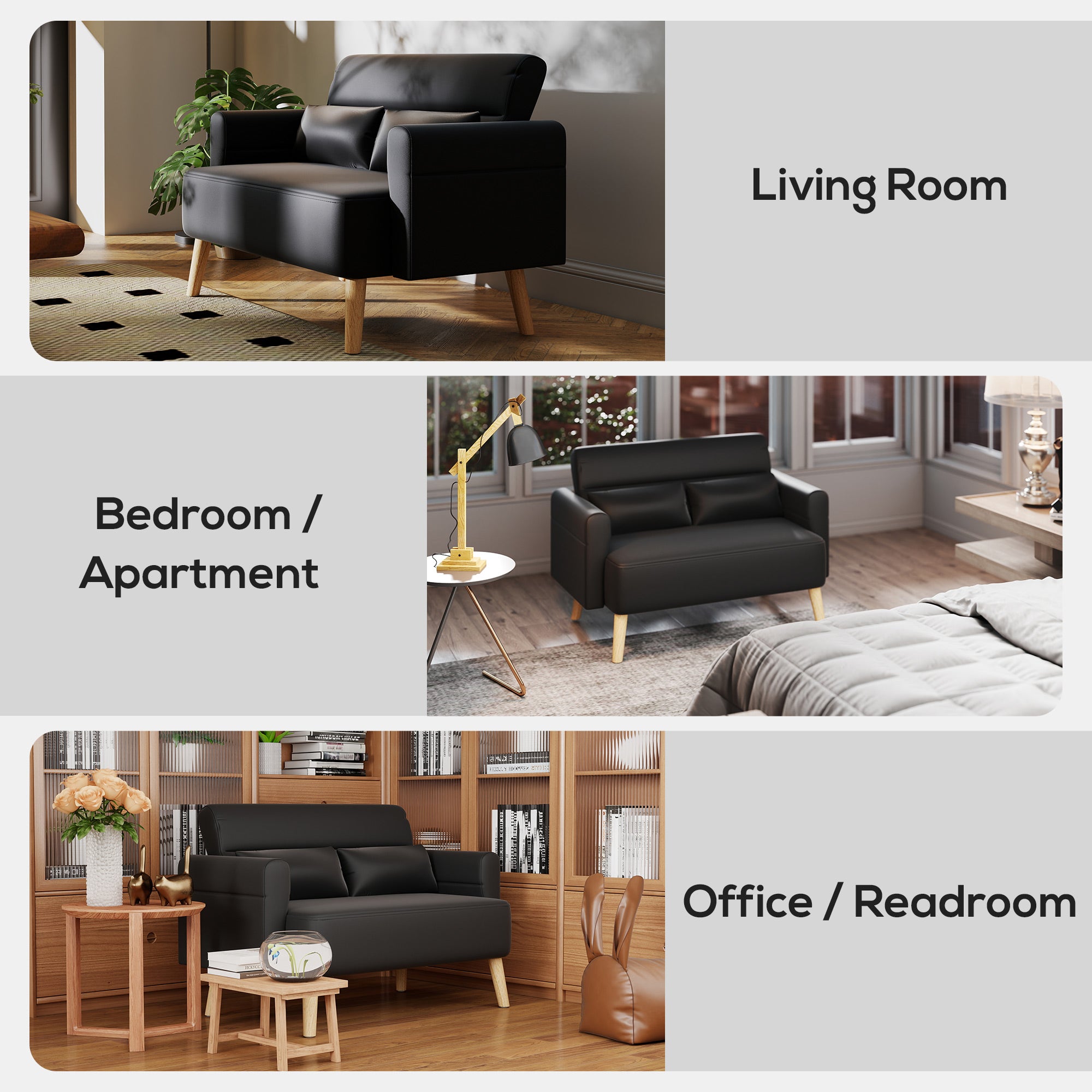 Sofá de 2 Lugares Preto 117x78x78 cm - Estofado em Couro Sintético