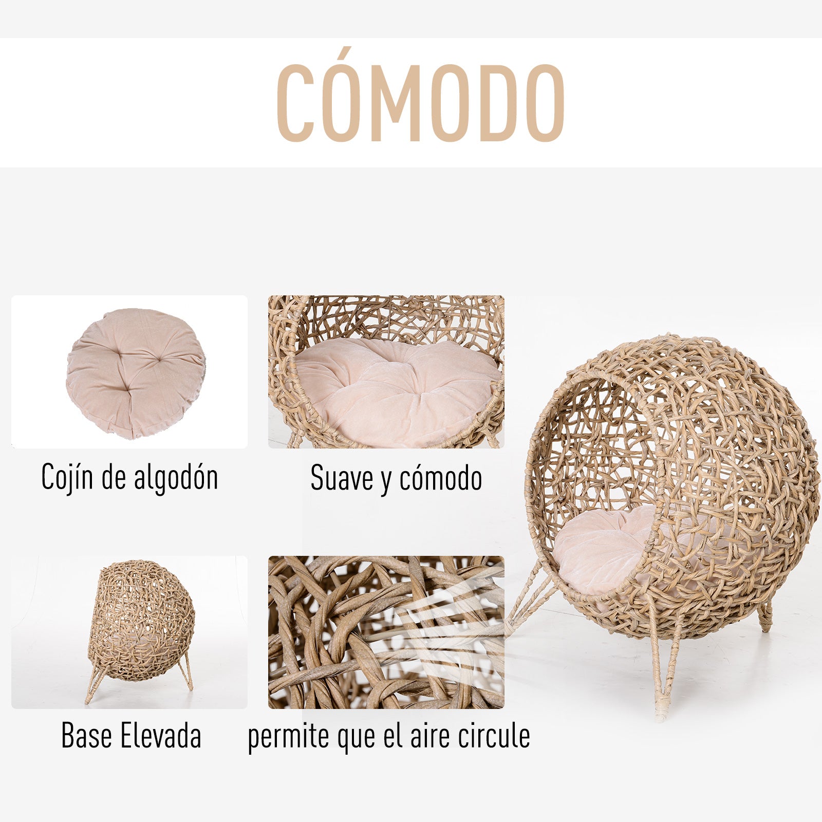 Cama para Gatos em Vime Sintético Ø52x58 cm Cor de Madeira Natural