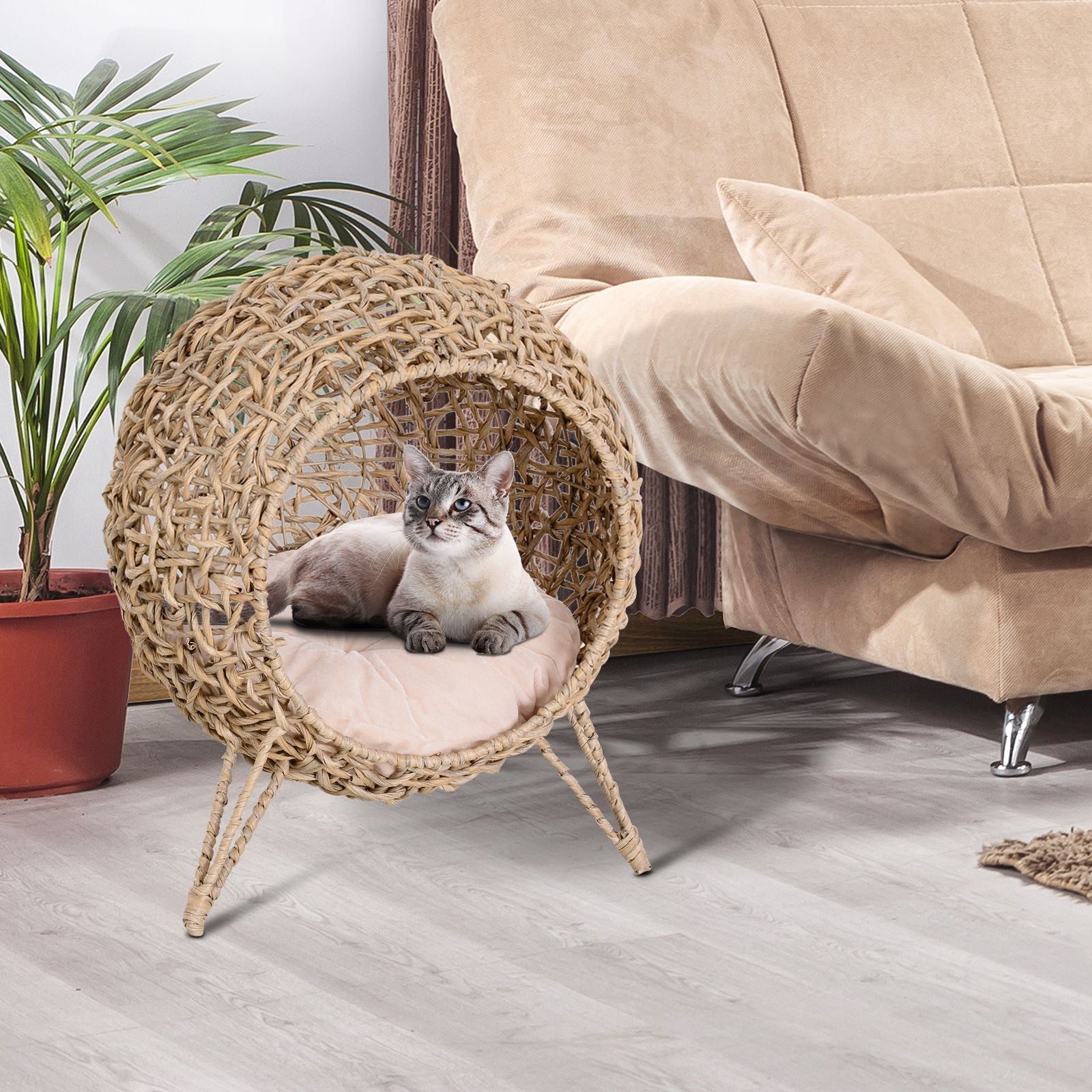Cama para Gatos em Vime Sintético Ø52x58 cm Cor de Madeira Natural