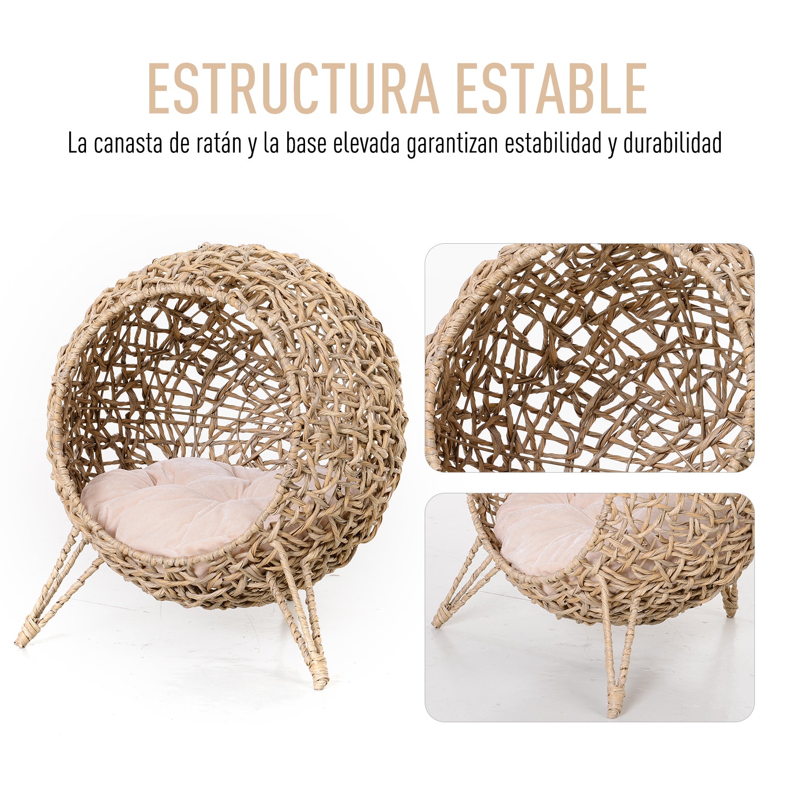 Cama para Gatos em Vime Sintético Ø52x58 cm Cor de Madeira Natural