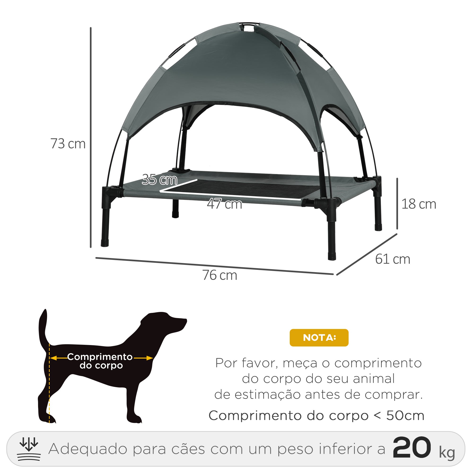 Cama Portátil Elevada para Animais de Estimação - 76x61x76 cm - Preto e Cinza