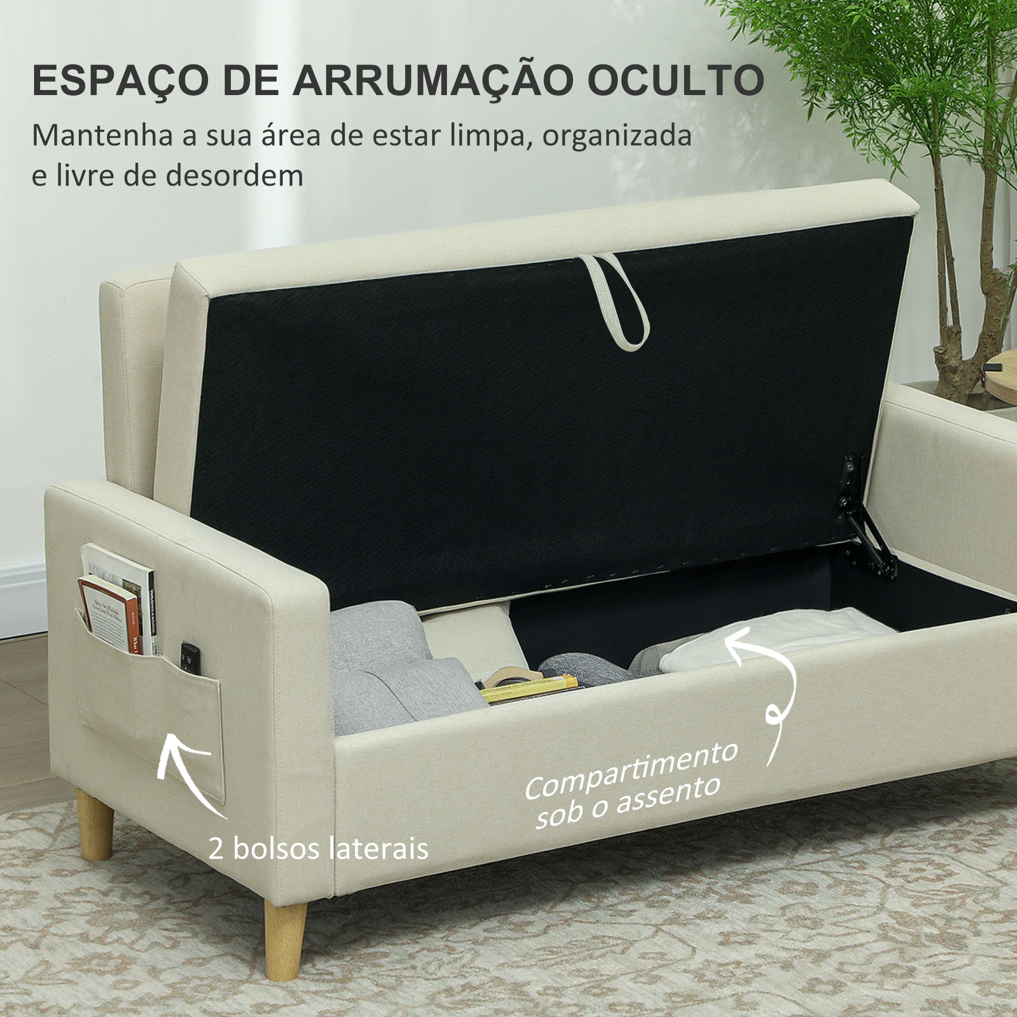 Sofá de 2 Lugares – 135x72x84 cm – Bege – Linho Sintético