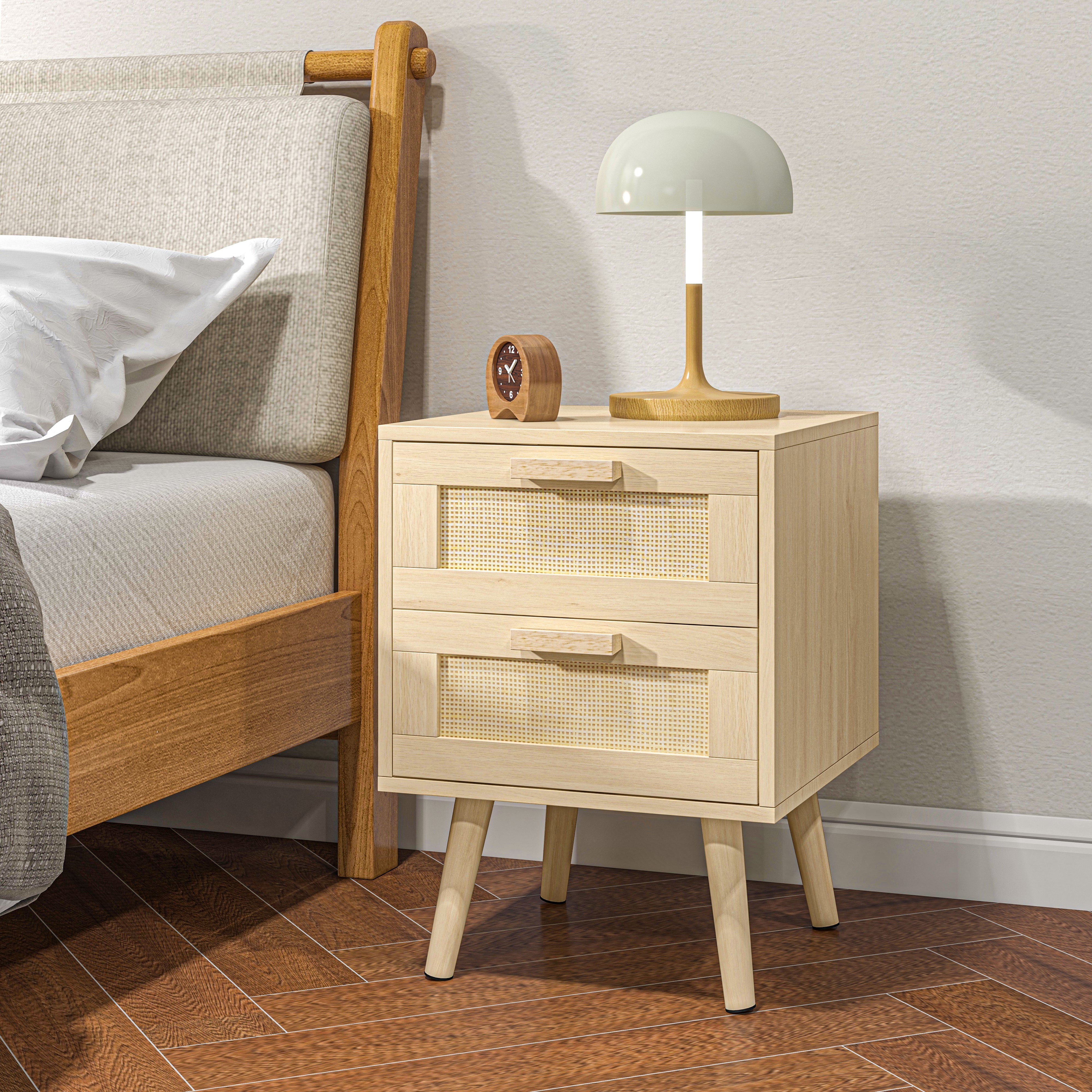Mesa de Cabeceira Boémia com 2 Gavetas 40x40x56 cm - Cor de Madeira Natural