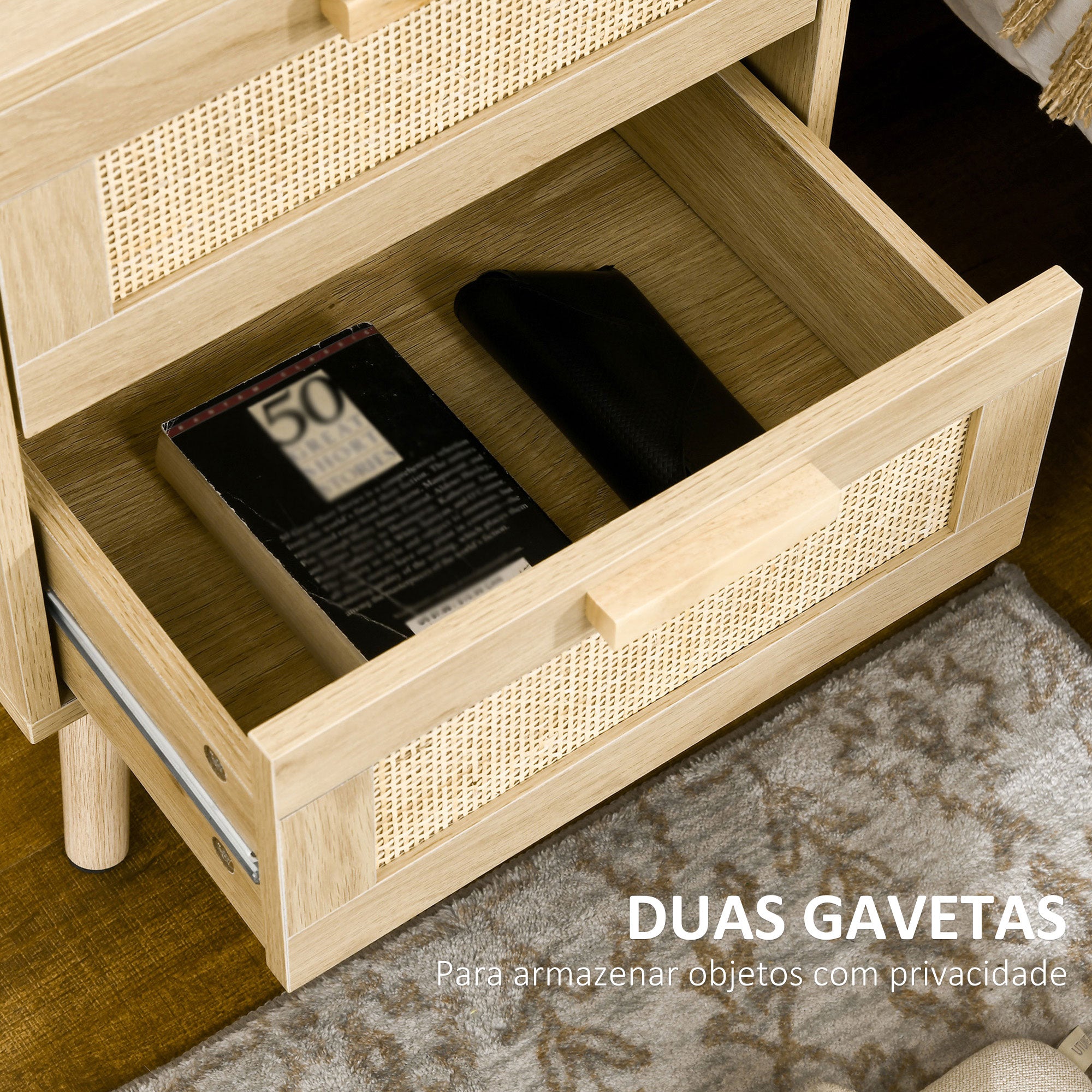 Mesa de Cabeceira Boémia com 2 Gavetas 40x40x56 cm - Cor de Madeira Natural
