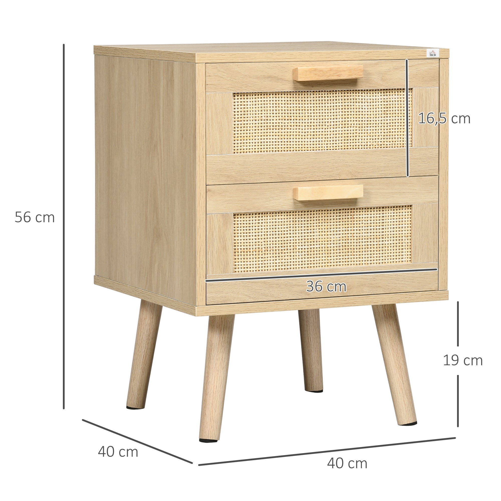 Mesa de Cabeceira Boémia com 2 Gavetas 40x40x56 cm - Cor de Madeira Natural
