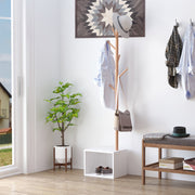 Cabide de Pé com Sapateira Moderno 6 Ganchos Bambu Branco e Madeira 40x30x180cm