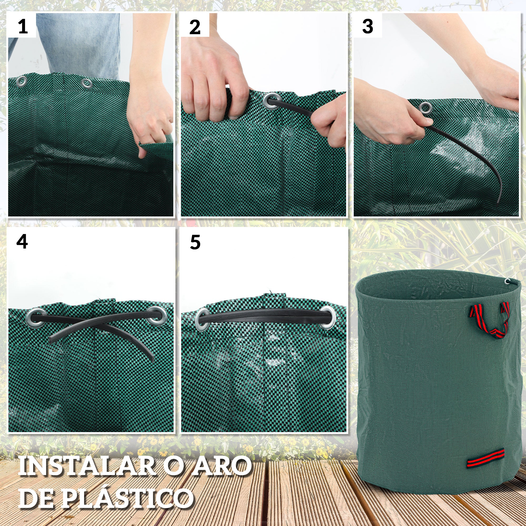 Conjunto de 3 Sacos de Resíduos de Jardim 272L Verde Ø67x76 cm