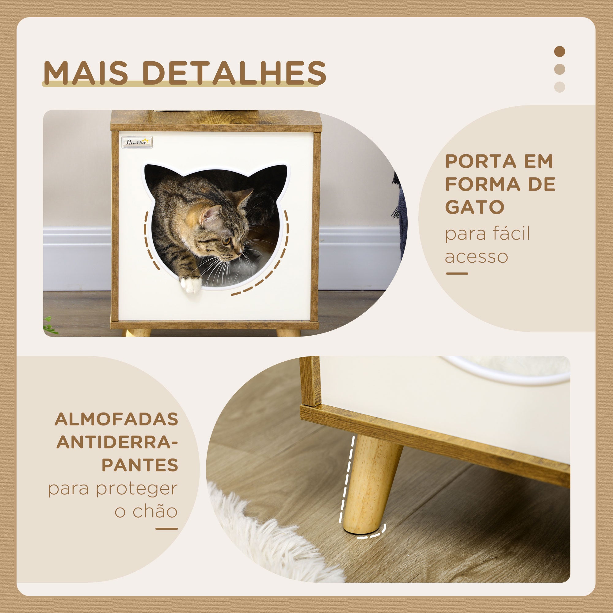 Casa de Madeira para Gatos – 34x34x44,5 cm – Castanho Rústico – MDF, melamina, madeira de pinho, pelúcia