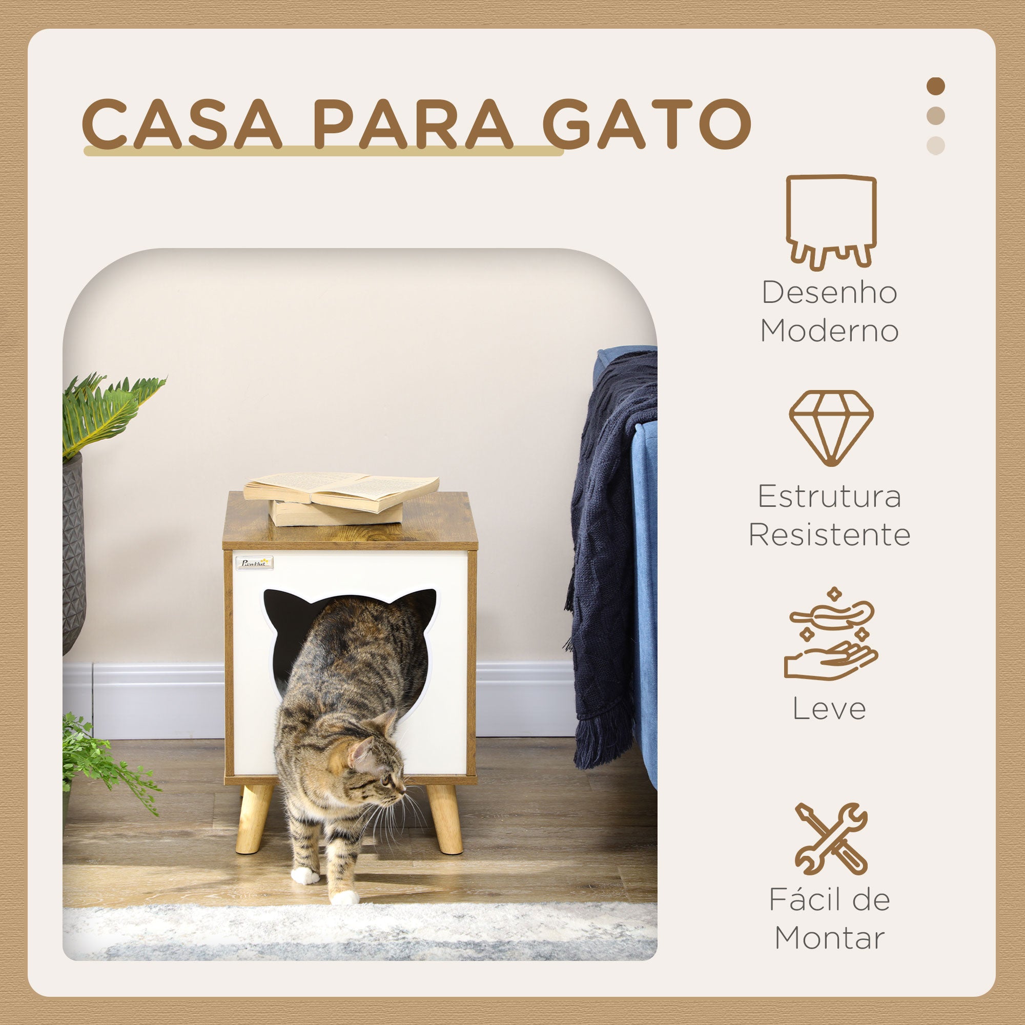 Casa de Madeira para Gatos – 34x34x44,5 cm – Castanho Rústico – MDF, melamina, madeira de pinho, pelúcia
