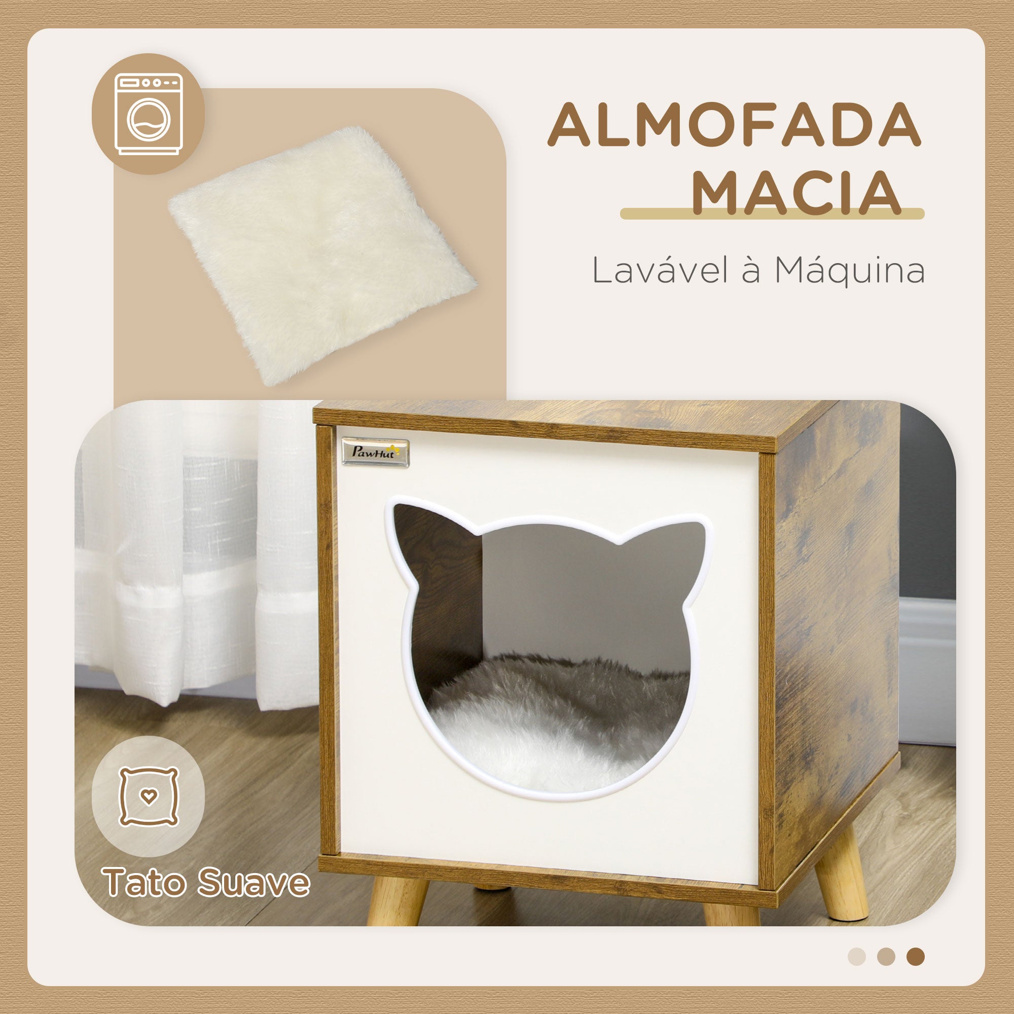 Casa de Madeira para Gatos – 34x34x44,5 cm – Castanho Rústico – MDF, melamina, madeira de pinho, pelúcia