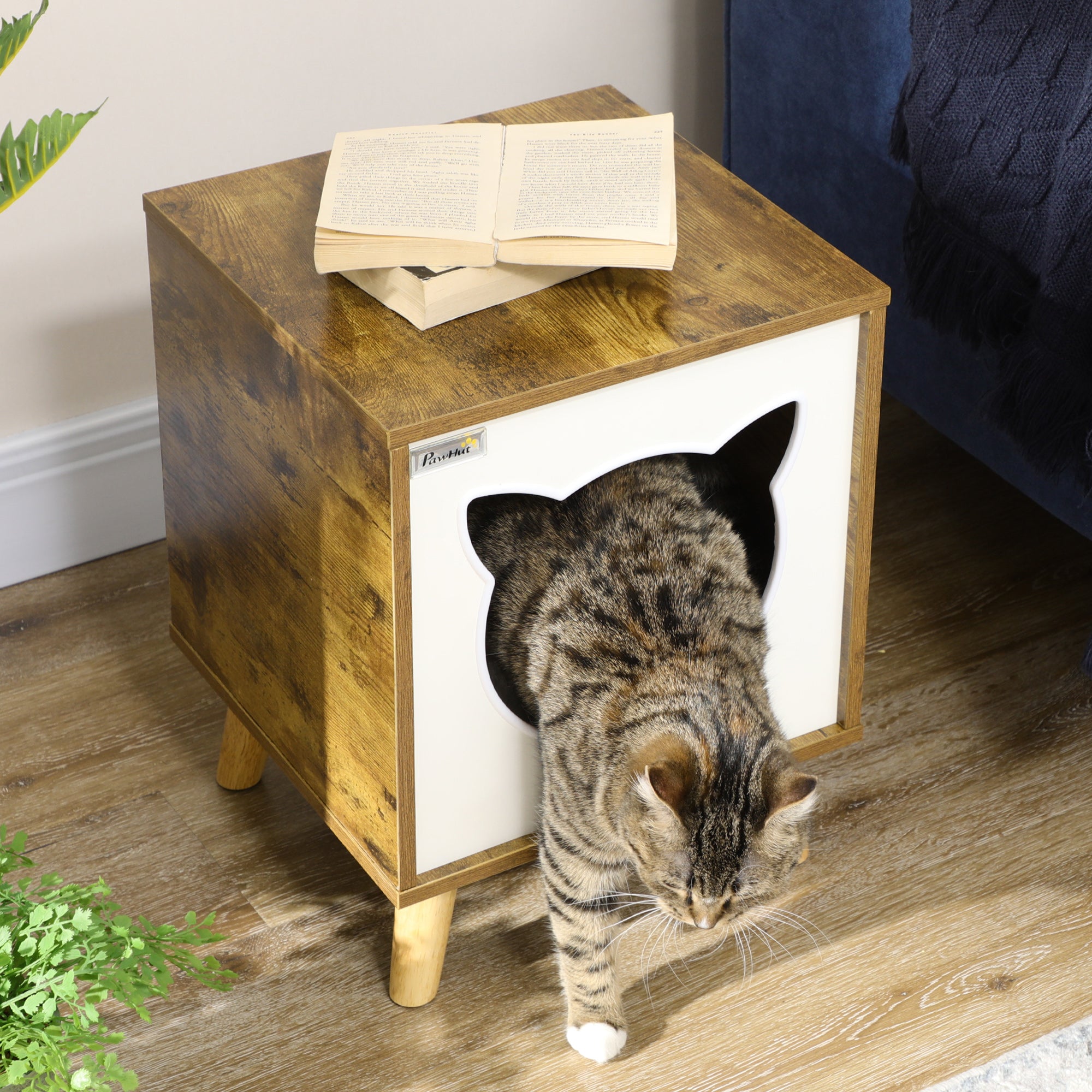 Casa de Madeira para Gatos – 34x34x44,5 cm – Castanho Rústico – MDF, melamina, madeira de pinho, pelúcia