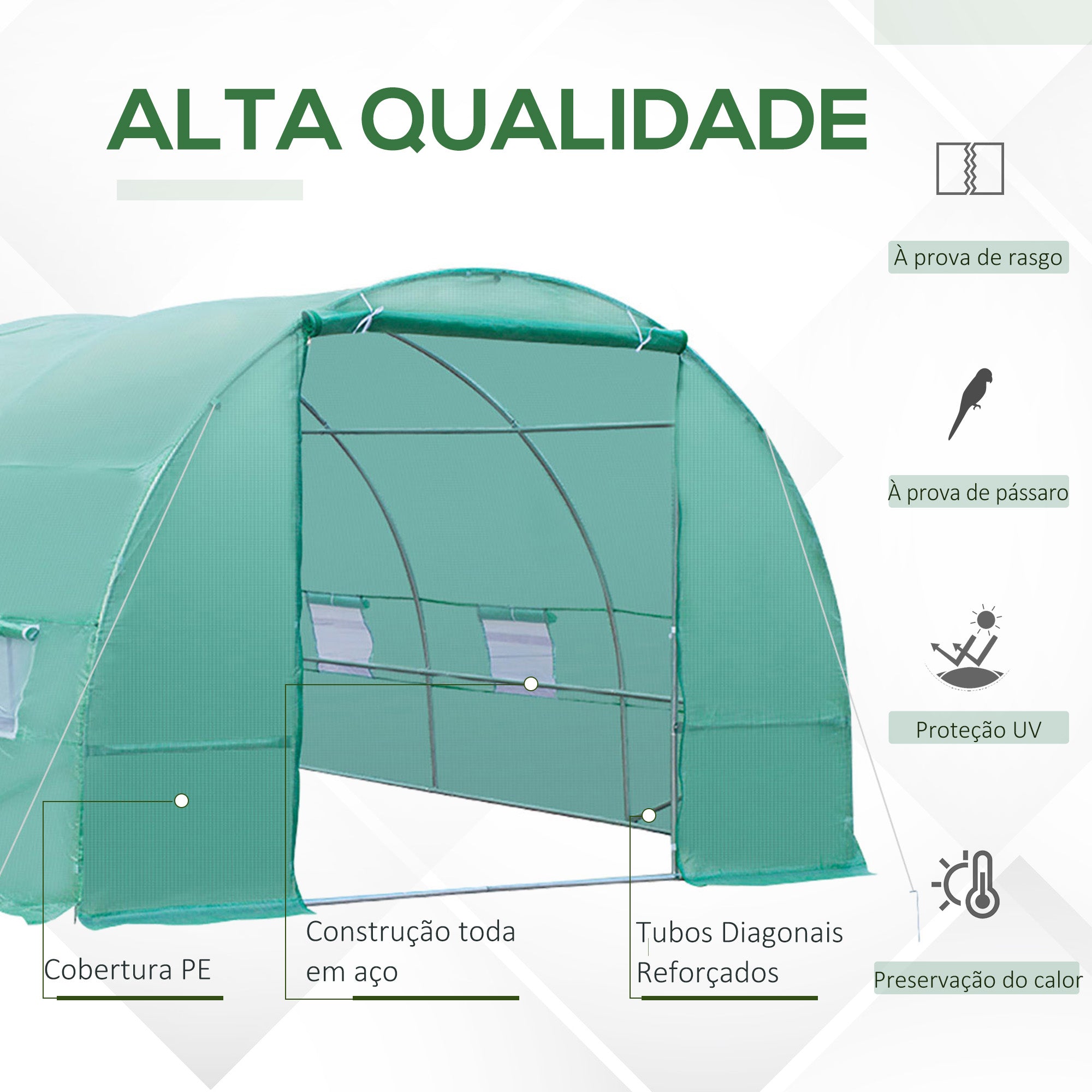 Estufa Tipo Túnel Verde 8x3x2m em Aço e PE 140 g/m²