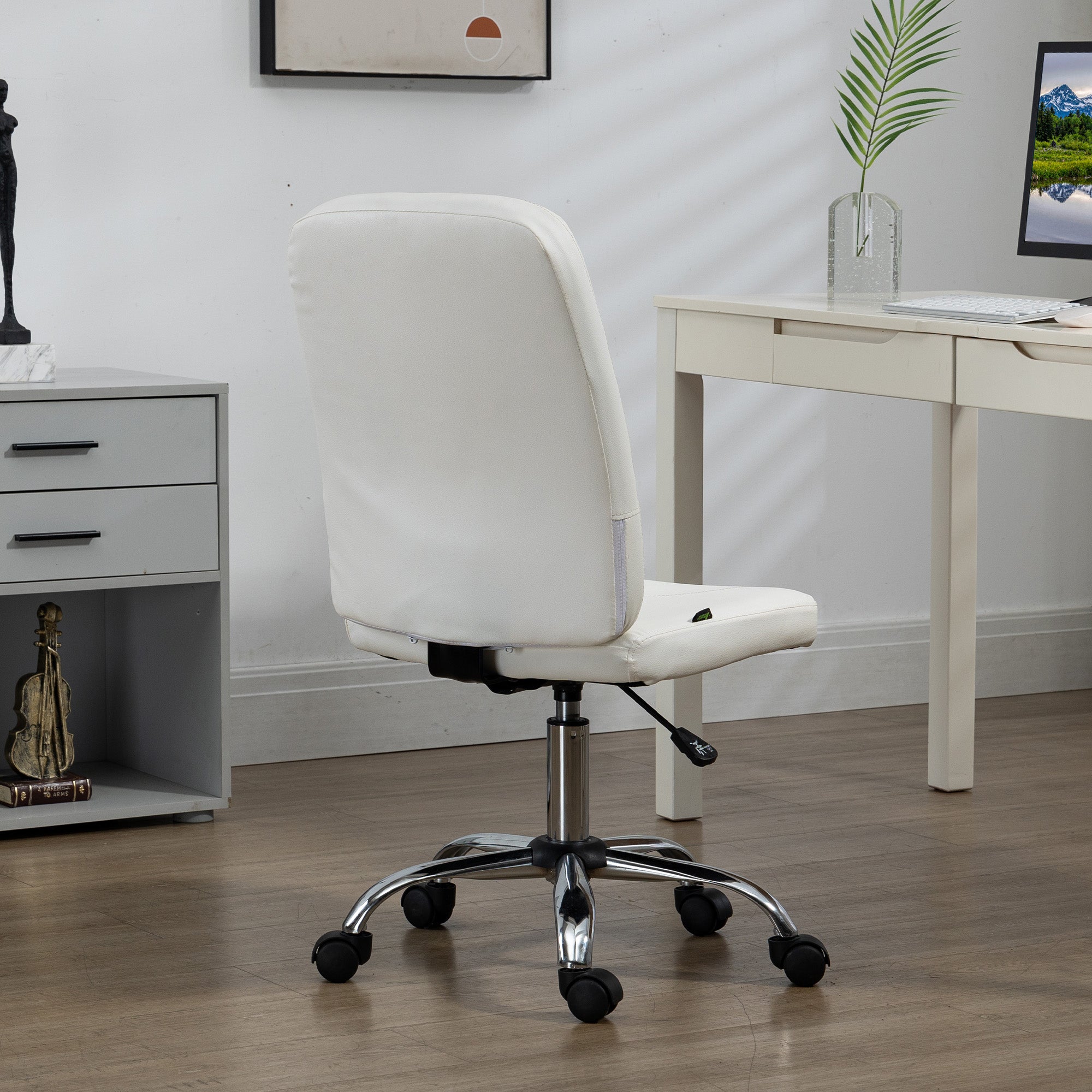 Cadeira de Escritório Moderna – 45x59x90-100 cm – Branca – PVC, Espuma, Aço e Placa Multicamadas